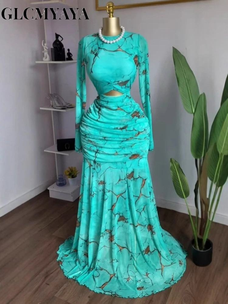 GLCMYAYA 2025 Fall Women O-neck Long Sleeve Print Mermaid Maxi Dress 2025 Evening Birthday Beach Sexy Night Party Long Dresses