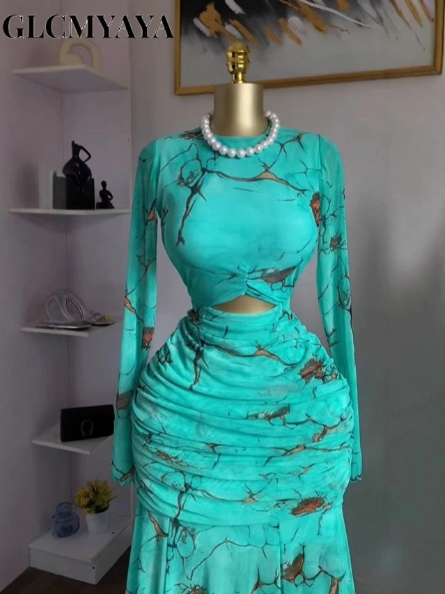 GLCMYAYA 2025 Fall Women O-neck Long Sleeve Print Mermaid Maxi Dress 2025 Evening Birthday Beach Sexy Night Party Long Dresses