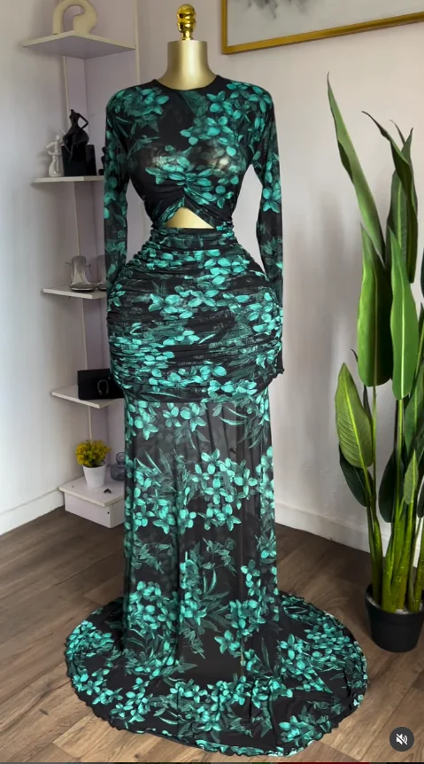 GLCMYAYA 2025 Fall Women O-neck Long Sleeve Print Mermaid Maxi Dress 2025 Evening Birthday Beach Sexy Night Party Long Dresses