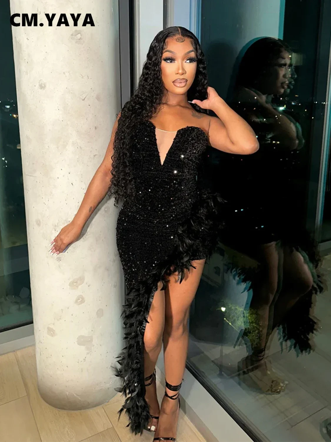 CM.YAYA Women Sequined Mesh Patchwork Strapless Feather Side High Side Split Maxi Dress 2023 Evening Sexy Long Dresses Vestidos CM.YAYA Women Sequined Mesh Patchwork Strapless Feather Side High Side Split Maxi Dress 2023 Evening Sexy Long Dresses Vestidos