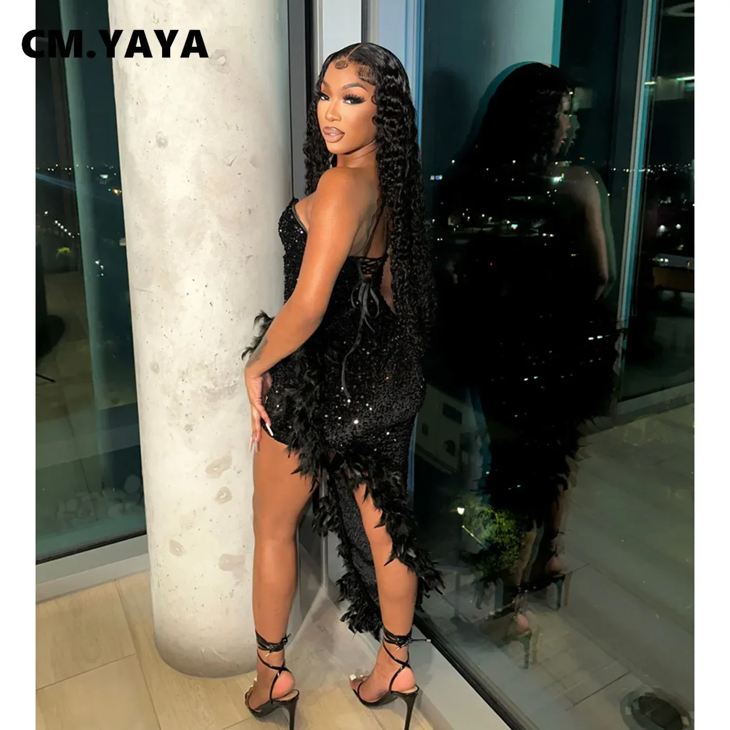 CM.YAYA Women Sequined Mesh Patchwork Strapless Feather Side High Side Split Maxi Dress 2023 Evening Sexy Long Dresses Vestidos CM.YAYA Women Sequined Mesh Patchwork Strapless Feather Side High Side Split Maxi Dress 2023 Evening Sexy Long Dresses Vestidos