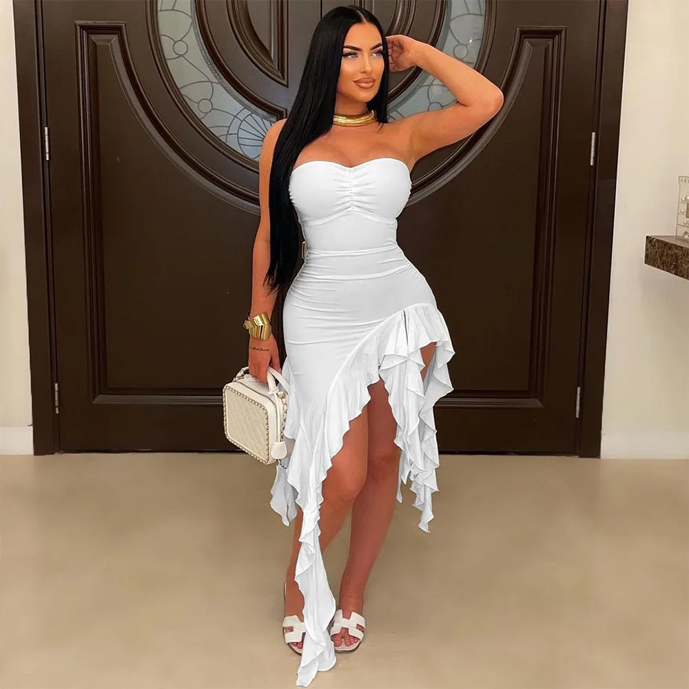 CM.YAYA Women Strapless Sleeveless Ruched Stacked Mini Dress 2025 Summer Beach Vacation Party Birthday Street Sexy Dresses