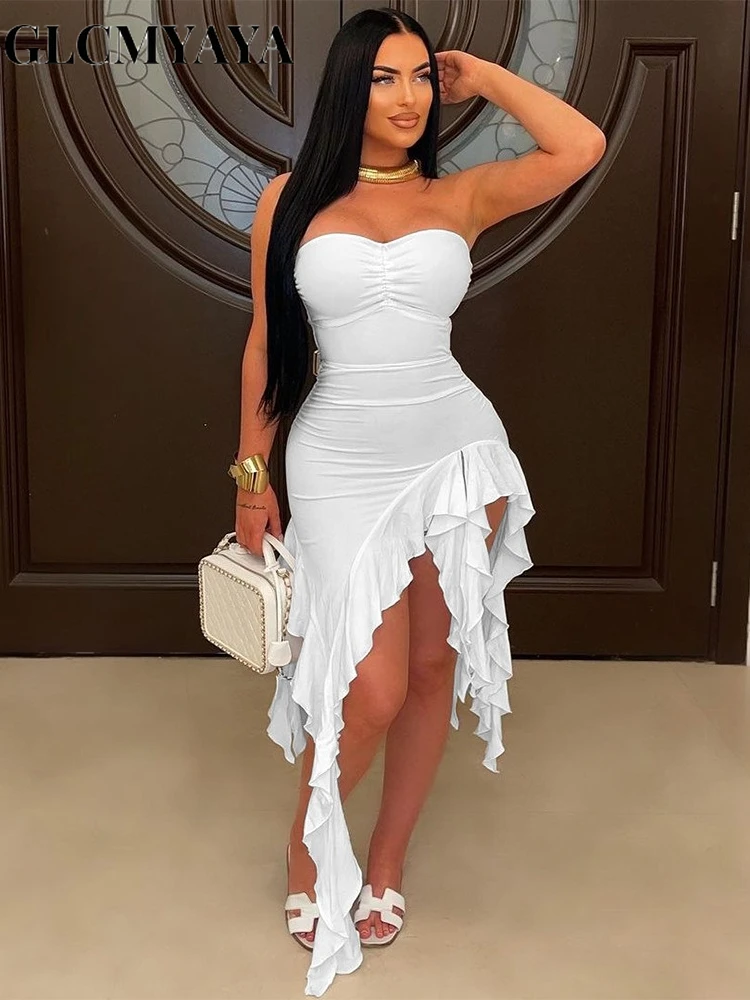 CM.YAYA Women Strapless Sleeveless Ruched Stacked Mini Dress 2025 Summer Beach Vacation Party Birthday Street Sexy Dresses