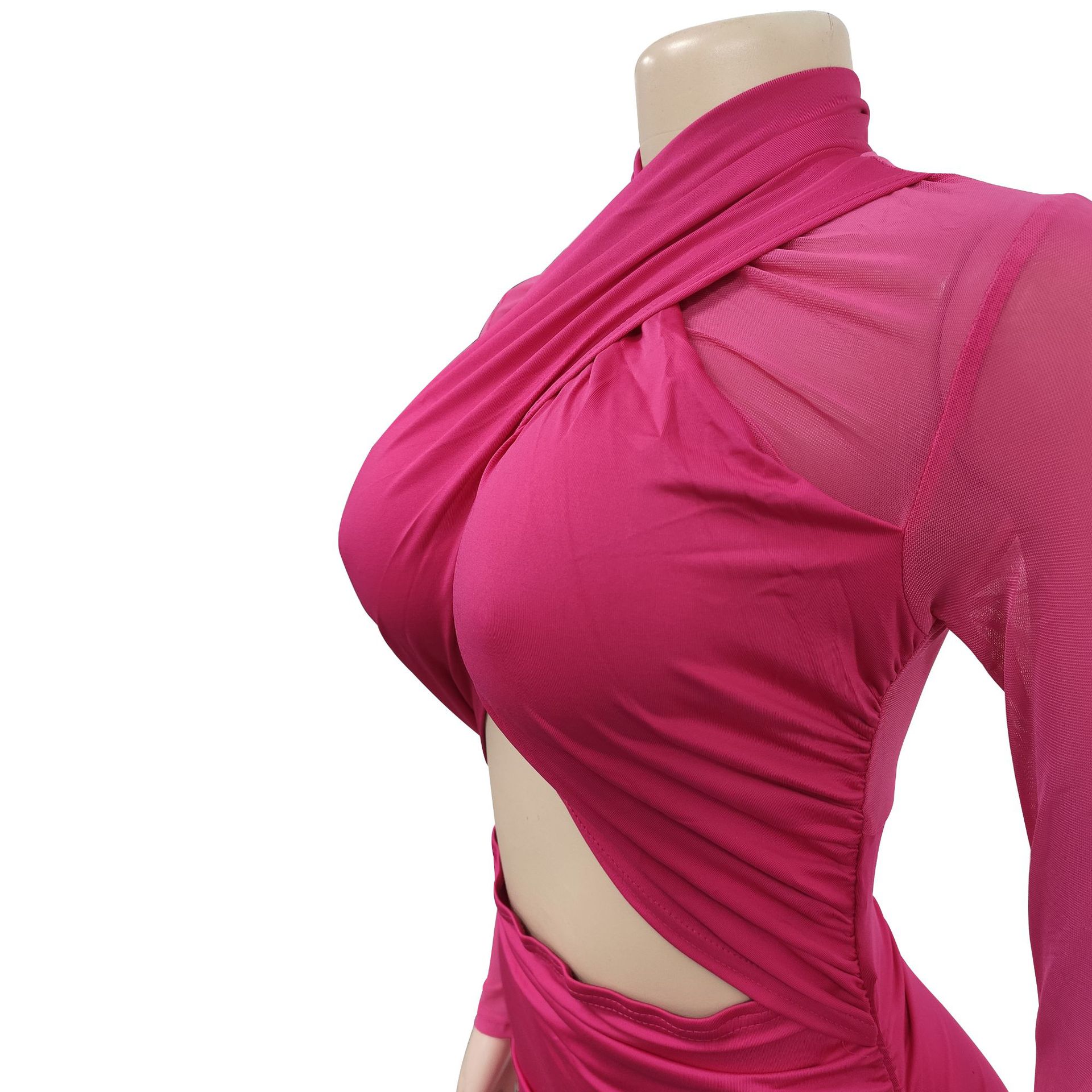 CM.YAYA 2023 Women Cutout Front Halter Neck Mesh Patchwork Long Sleeve Ruched Bodycon Midi Dress Sexy Night Party Club Dresses CM.YAYA 2023 Women Cutout Front Halter Neck Mesh Patchwork Long Sleeve Ruched Bodycon Midi Dress Sexy Night Party Club Dresses