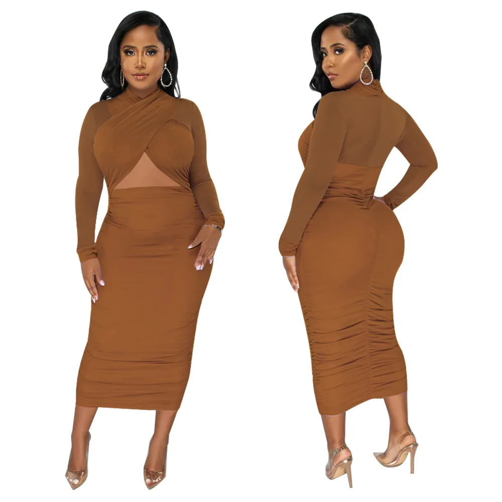 CM.YAYA 2023 Women Cutout Front Halter Neck Mesh Patchwork Long Sleeve Ruched Bodycon Midi Dress Sexy Night Party Club Dresses CM.YAYA 2023 Women Cutout Front Halter Neck Mesh Patchwork Long Sleeve Ruched Bodycon Midi Dress Sexy Night Party Club Dresses
