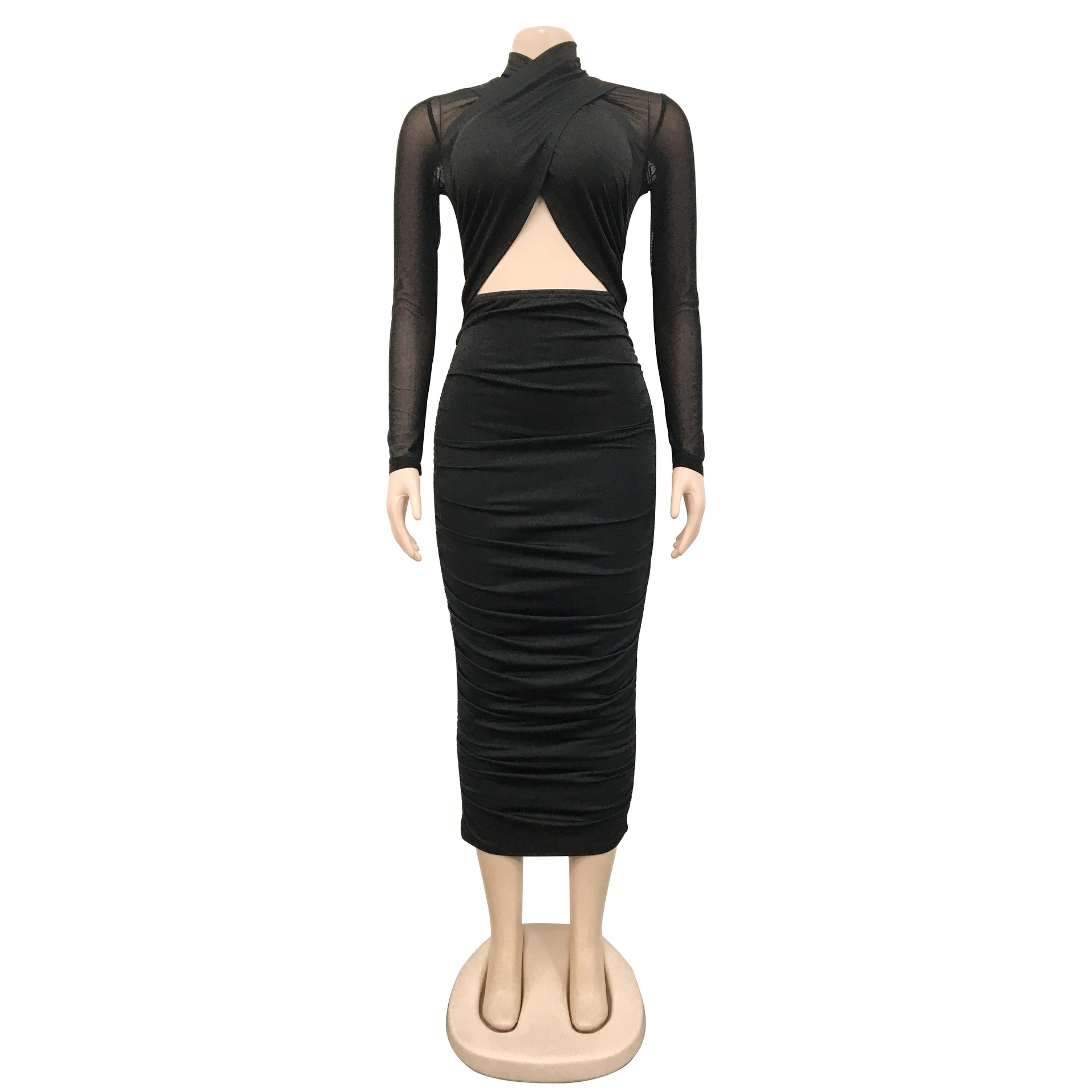 CM.YAYA 2023 Women Cutout Front Halter Neck Mesh Patchwork Long Sleeve Ruched Bodycon Midi Dress Sexy Night Party Club Dresses CM.YAYA 2023 Women Cutout Front Halter Neck Mesh Patchwork Long Sleeve Ruched Bodycon Midi Dress Sexy Night Party Club Dresses