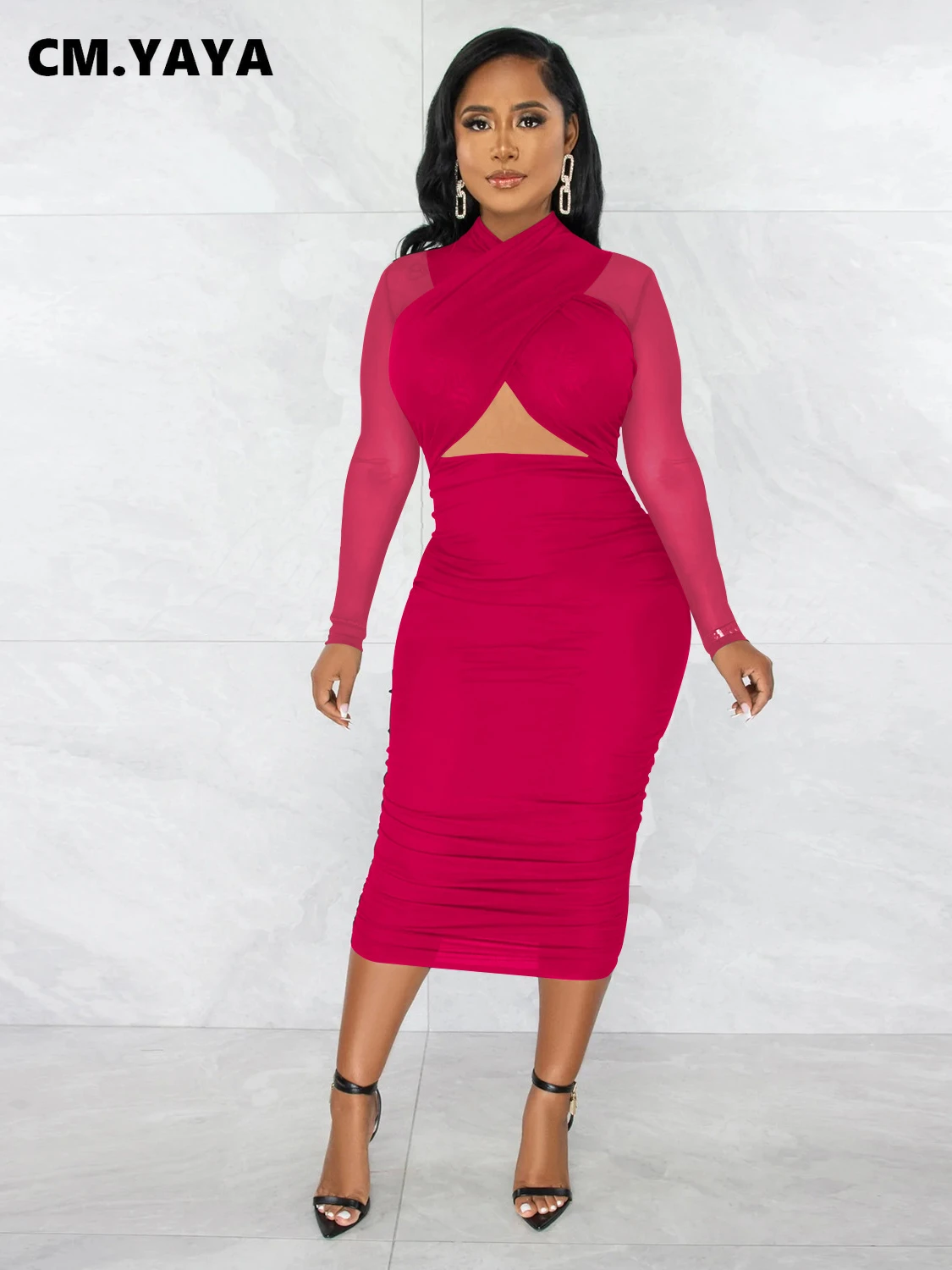 CM.YAYA 2023 Women Cutout Front Halter Neck Mesh Patchwork Long Sleeve Ruched Bodycon Midi Dress Sexy Night Party Club Dresses