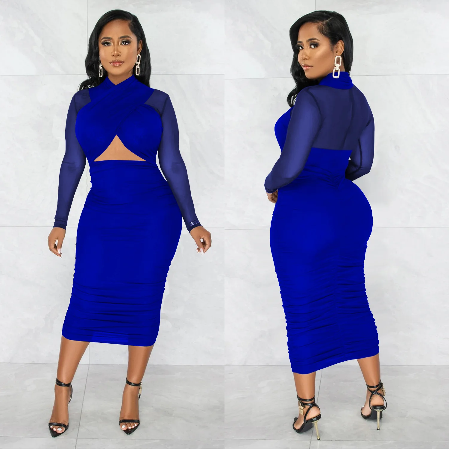 CM.YAYA 2023 Women Cutout Front Halter Neck Mesh Patchwork Long Sleeve Ruched Bodycon Midi Dress Sexy Night Party Club Dresses CM.YAYA 2023 Women Cutout Front Halter Neck Mesh Patchwork Long Sleeve Ruched Bodycon Midi Dress Sexy Night Party Club Dresses