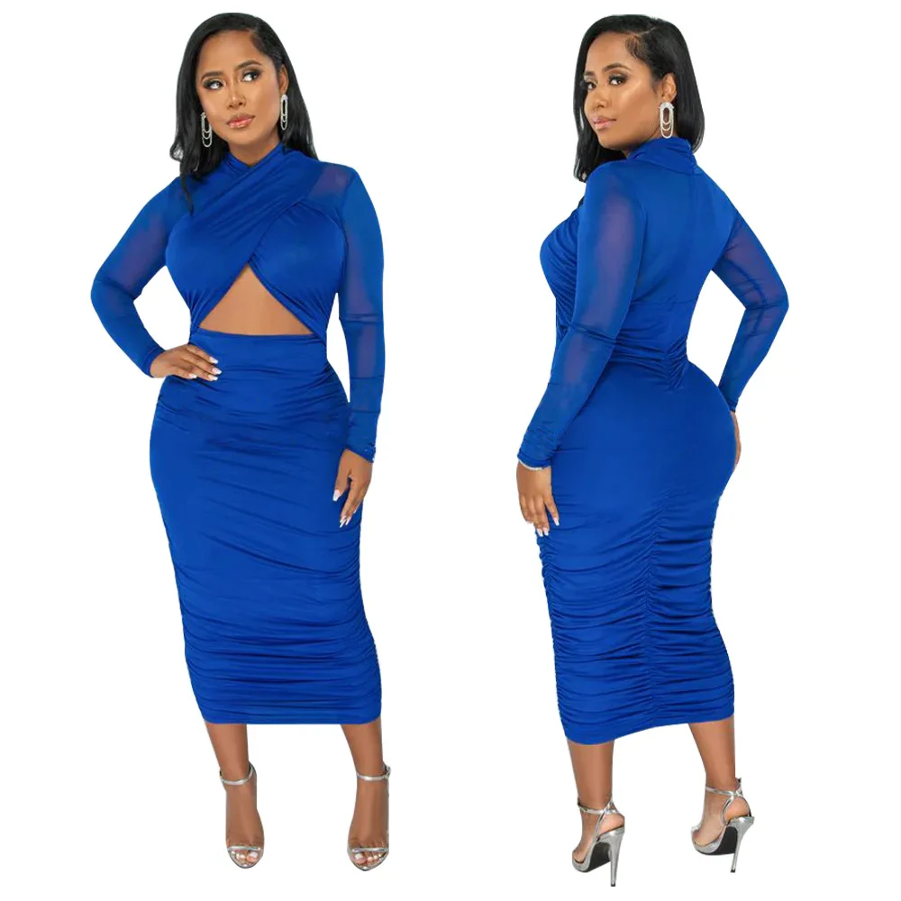 CM.YAYA 2023 Women Cutout Front Halter Neck Mesh Patchwork Long Sleeve Ruched Bodycon Midi Dress Sexy Night Party Club Dresses CM.YAYA 2023 Women Cutout Front Halter Neck Mesh Patchwork Long Sleeve Ruched Bodycon Midi Dress Sexy Night Party Club Dresses