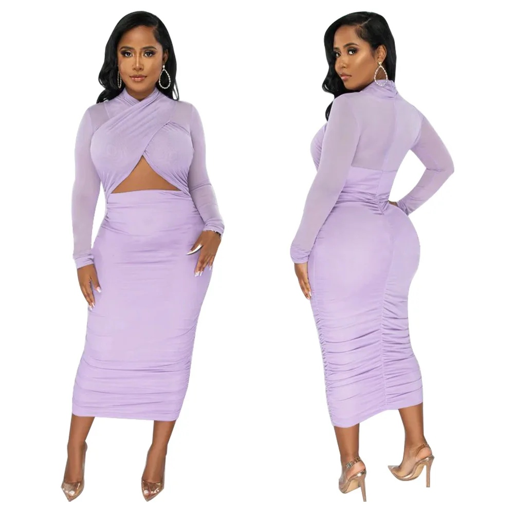 CM.YAYA 2023 Women Cutout Front Halter Neck Mesh Patchwork Long Sleeve Ruched Bodycon Midi Dress Sexy Night Party Club Dresses