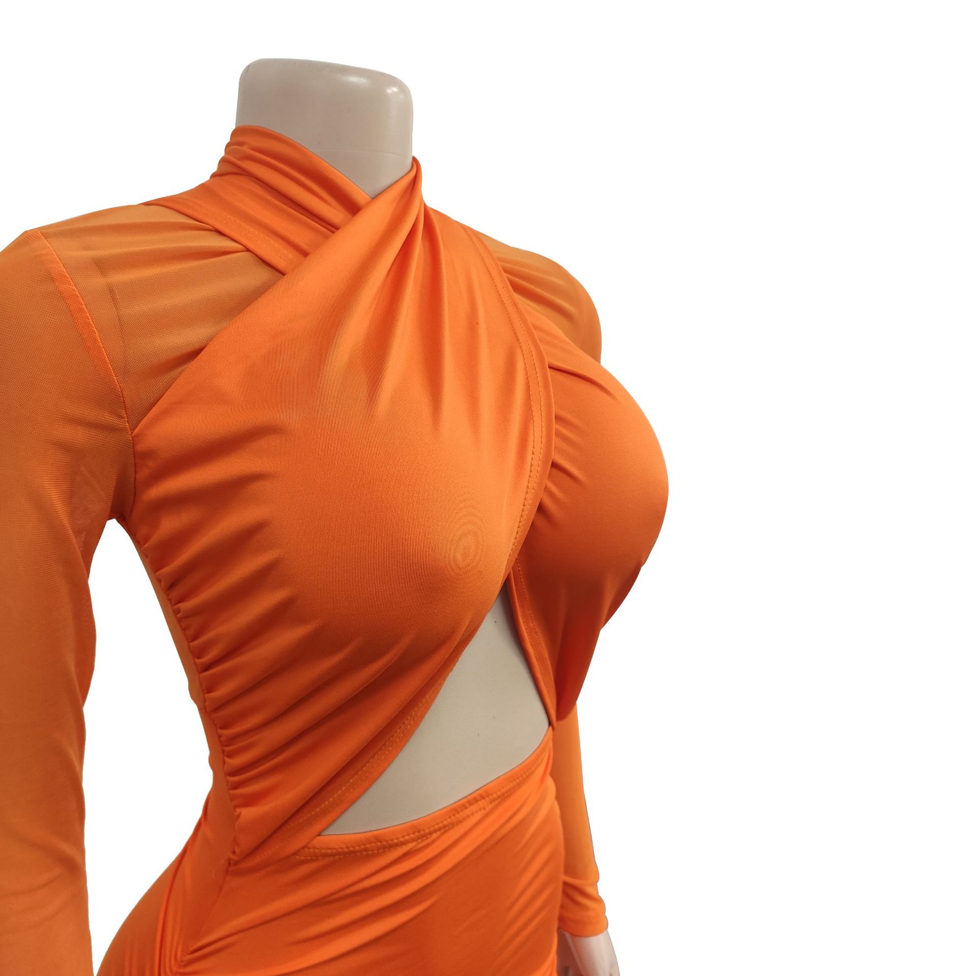 CM.YAYA 2023 Women Cutout Front Halter Neck Mesh Patchwork Long Sleeve Ruched Bodycon Midi Dress Sexy Night Party Club Dresses CM.YAYA 2023 Women Cutout Front Halter Neck Mesh Patchwork Long Sleeve Ruched Bodycon Midi Dress Sexy Night Party Club Dresses