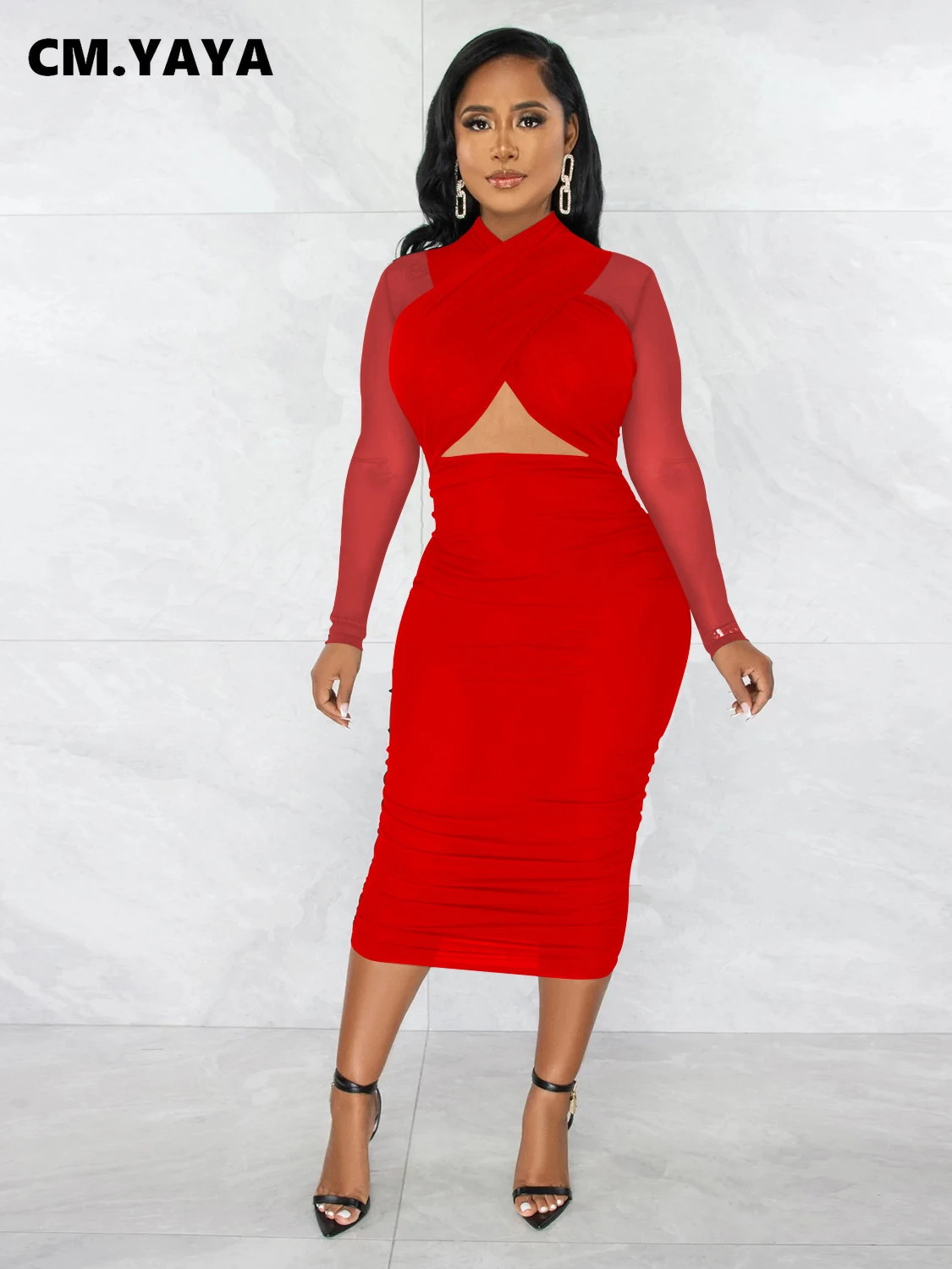 CM.YAYA 2023 Women Cutout Front Halter Neck Mesh Patchwork Long Sleeve Ruched Bodycon Midi Dress Sexy Night Party Club Dresses