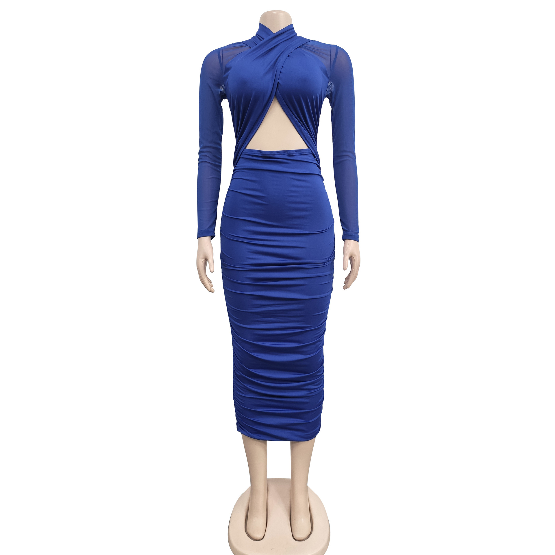 CM.YAYA 2023 Women Cutout Front Halter Neck Mesh Patchwork Long Sleeve Ruched Bodycon Midi Dress Sexy Night Party Club Dresses CM.YAYA 2023 Women Cutout Front Halter Neck Mesh Patchwork Long Sleeve Ruched Bodycon Midi Dress Sexy Night Party Club Dresses