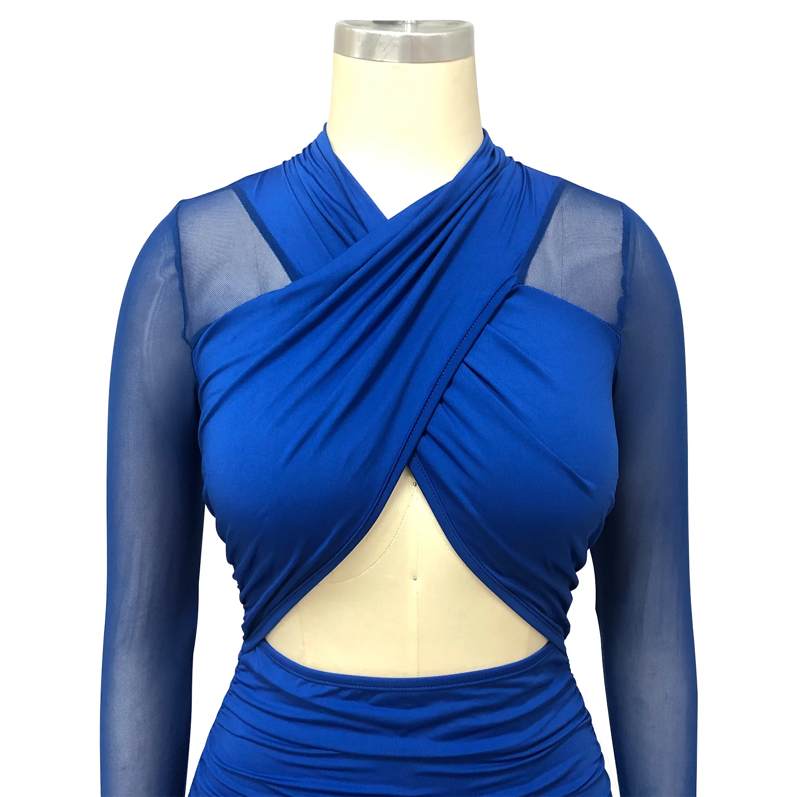 CM.YAYA 2023 Women Cutout Front Halter Neck Mesh Patchwork Long Sleeve Ruched Bodycon Midi Dress Sexy Night Party Club Dresses CM.YAYA 2023 Women Cutout Front Halter Neck Mesh Patchwork Long Sleeve Ruched Bodycon Midi Dress Sexy Night Party Club Dresses