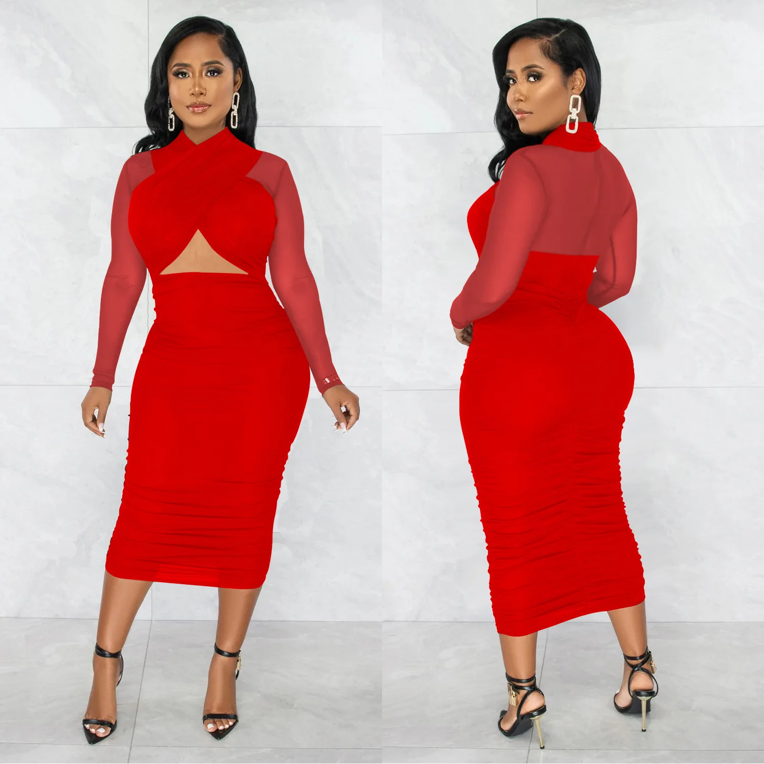 CM.YAYA 2023 Women Cutout Front Halter Neck Mesh Patchwork Long Sleeve Ruched Bodycon Midi Dress Sexy Night Party Club Dresses CM.YAYA 2023 Women Cutout Front Halter Neck Mesh Patchwork Long Sleeve Ruched Bodycon Midi Dress Sexy Night Party Club Dresses