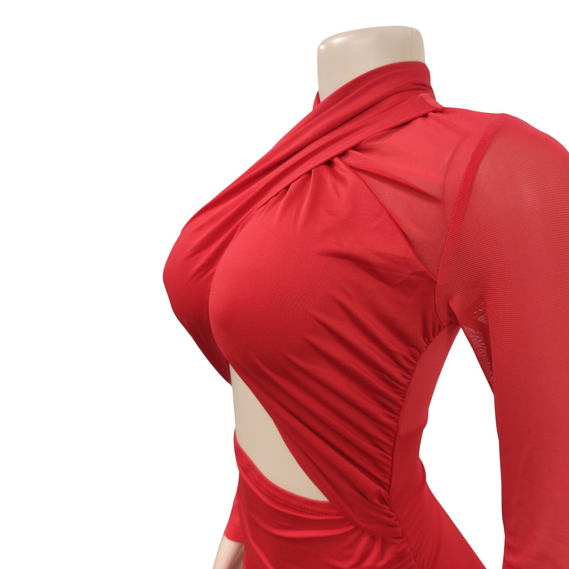 CM.YAYA 2023 Women Cutout Front Halter Neck Mesh Patchwork Long Sleeve Ruched Bodycon Midi Dress Sexy Night Party Club Dresses CM.YAYA 2023 Women Cutout Front Halter Neck Mesh Patchwork Long Sleeve Ruched Bodycon Midi Dress Sexy Night Party Club Dresses