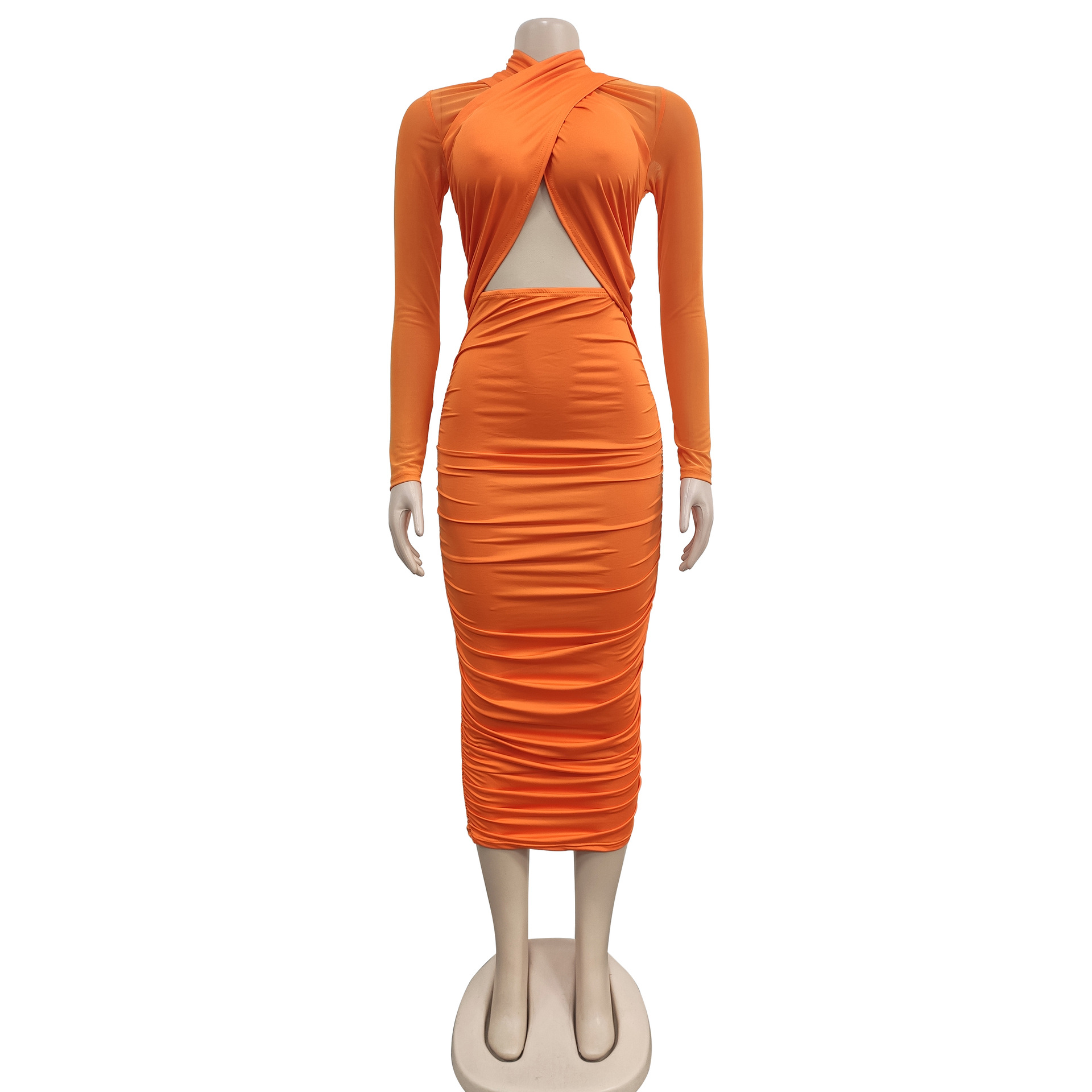 CM.YAYA 2023 Women Cutout Front Halter Neck Mesh Patchwork Long Sleeve Ruched Bodycon Midi Dress Sexy Night Party Club Dresses CM.YAYA 2023 Women Cutout Front Halter Neck Mesh Patchwork Long Sleeve Ruched Bodycon Midi Dress Sexy Night Party Club Dresses