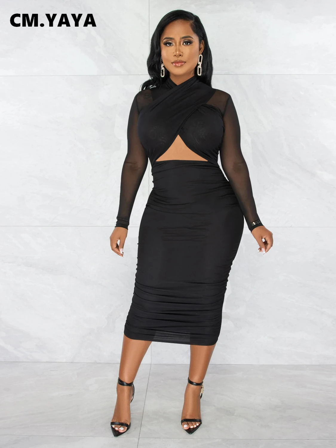 CM.YAYA 2023 Women Cutout Front Halter Neck Mesh Patchwork Long Sleeve Ruched Bodycon Midi Dress Sexy Night Party Club Dresses