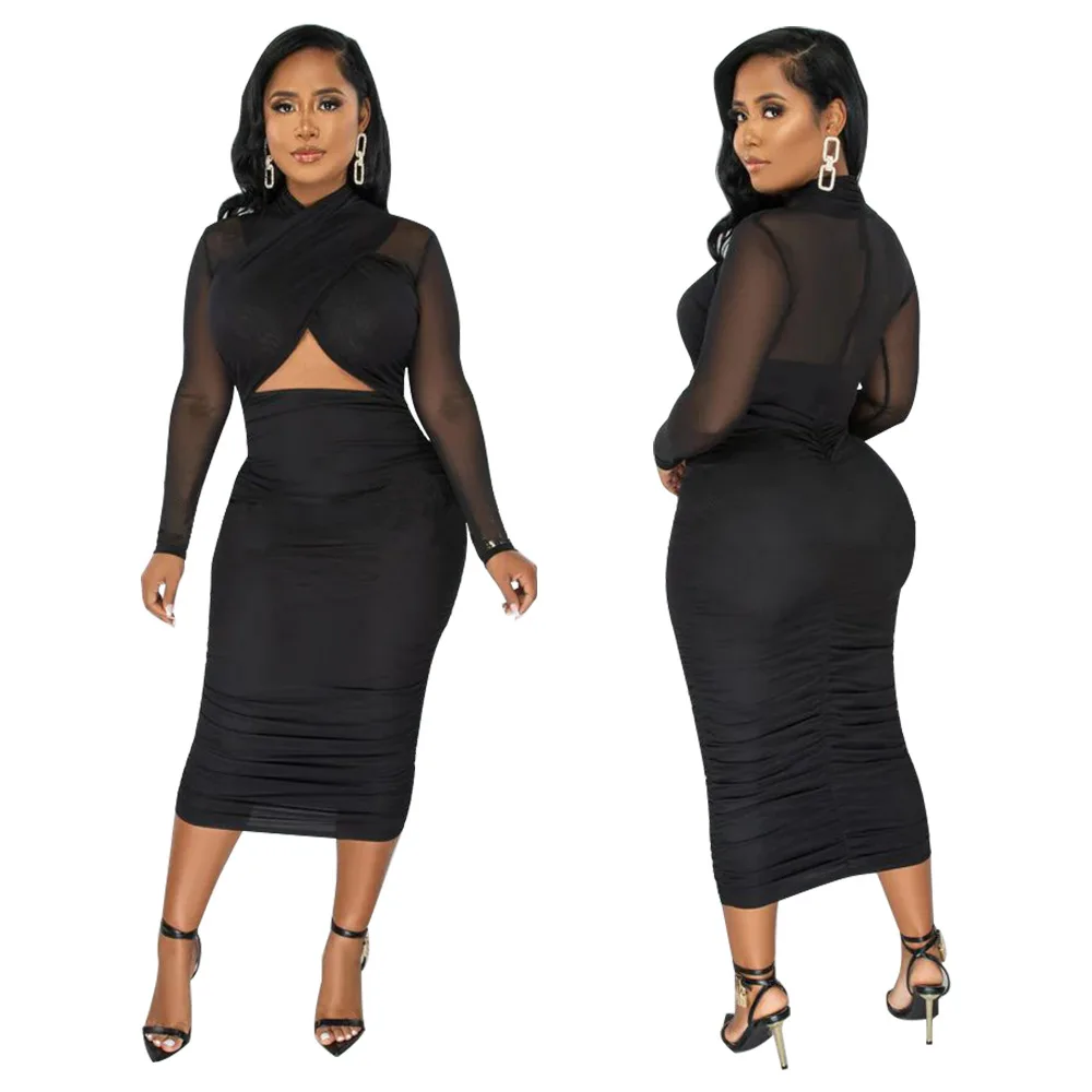 CM.YAYA 2023 Women Cutout Front Halter Neck Mesh Patchwork Long Sleeve Ruched Bodycon Midi Dress Sexy Night Party Club Dresses CM.YAYA 2023 Women Cutout Front Halter Neck Mesh Patchwork Long Sleeve Ruched Bodycon Midi Dress Sexy Night Party Club Dresses