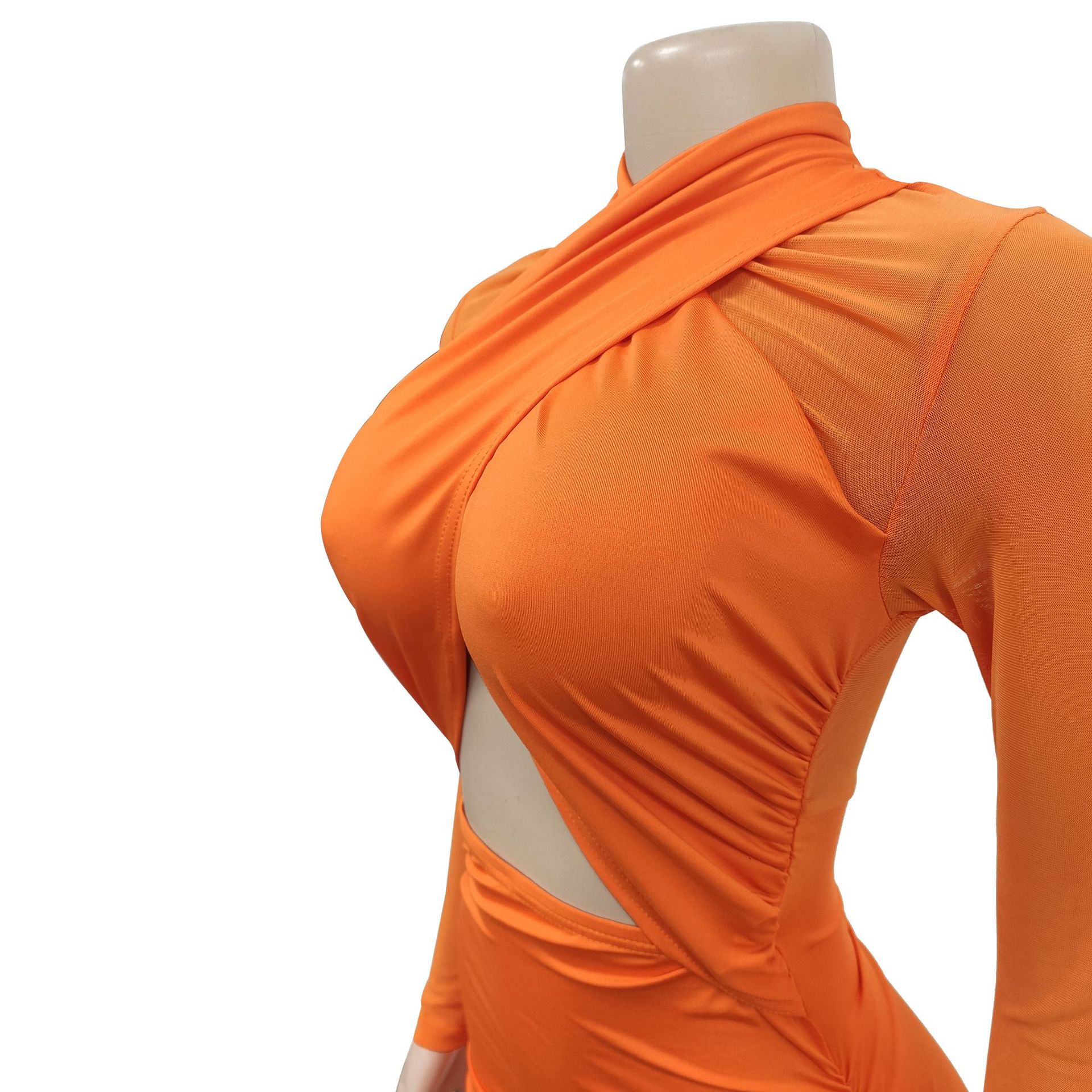 CM.YAYA 2023 Women Cutout Front Halter Neck Mesh Patchwork Long Sleeve Ruched Bodycon Midi Dress Sexy Night Party Club Dresses CM.YAYA 2023 Women Cutout Front Halter Neck Mesh Patchwork Long Sleeve Ruched Bodycon Midi Dress Sexy Night Party Club Dresses