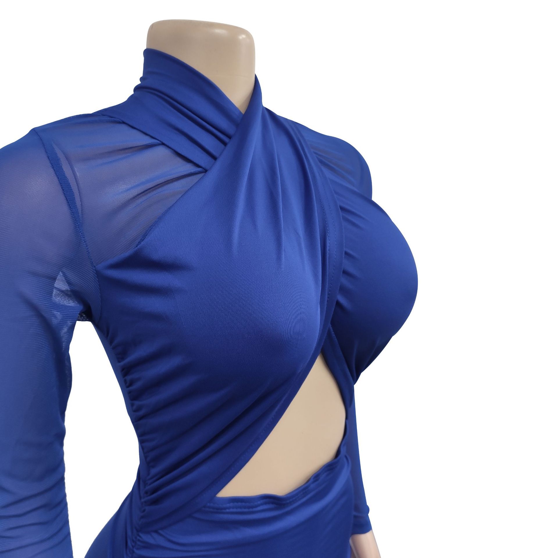 CM.YAYA 2023 Women Cutout Front Halter Neck Mesh Patchwork Long Sleeve Ruched Bodycon Midi Dress Sexy Night Party Club Dresses