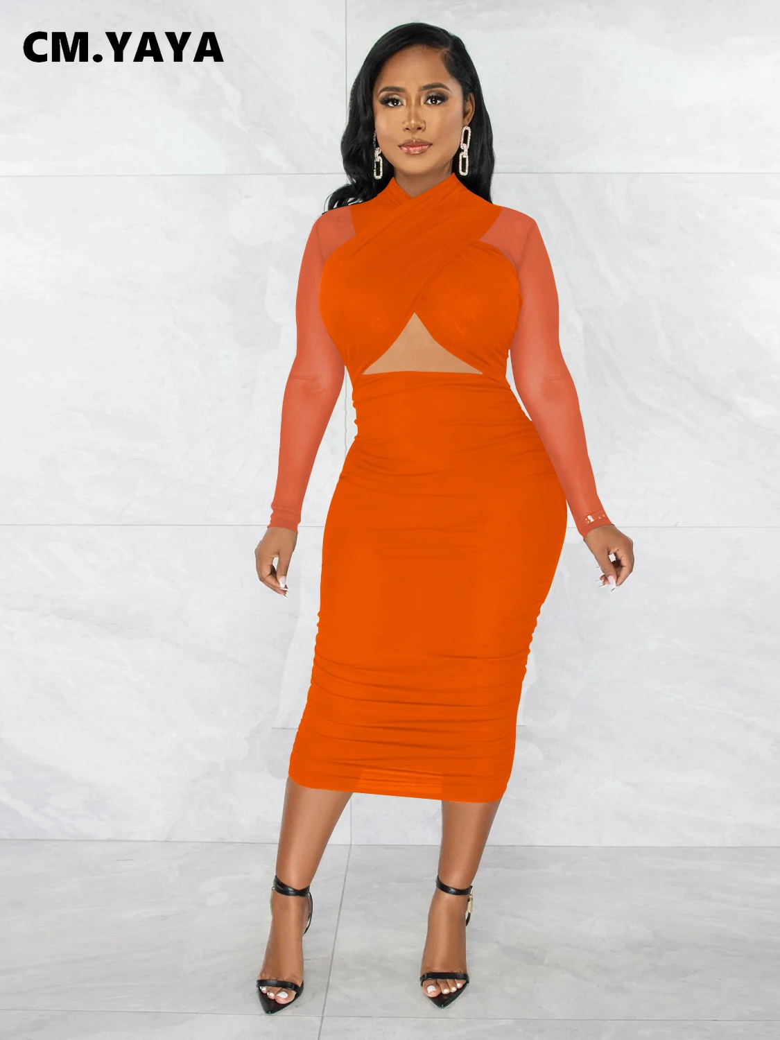 CM.YAYA 2023 Women Cutout Front Halter Neck Mesh Patchwork Long Sleeve Ruched Bodycon Midi Dress Sexy Night Party Club Dresses