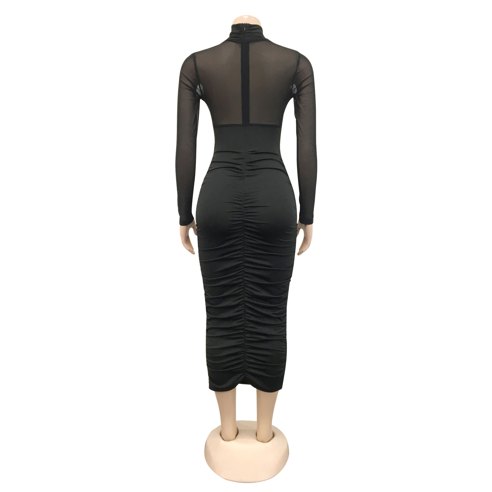 CM.YAYA 2023 Women Cutout Front Halter Neck Mesh Patchwork Long Sleeve Ruched Bodycon Midi Dress Sexy Night Party Club Dresses CM.YAYA 2023 Women Cutout Front Halter Neck Mesh Patchwork Long Sleeve Ruched Bodycon Midi Dress Sexy Night Party Club Dresses
