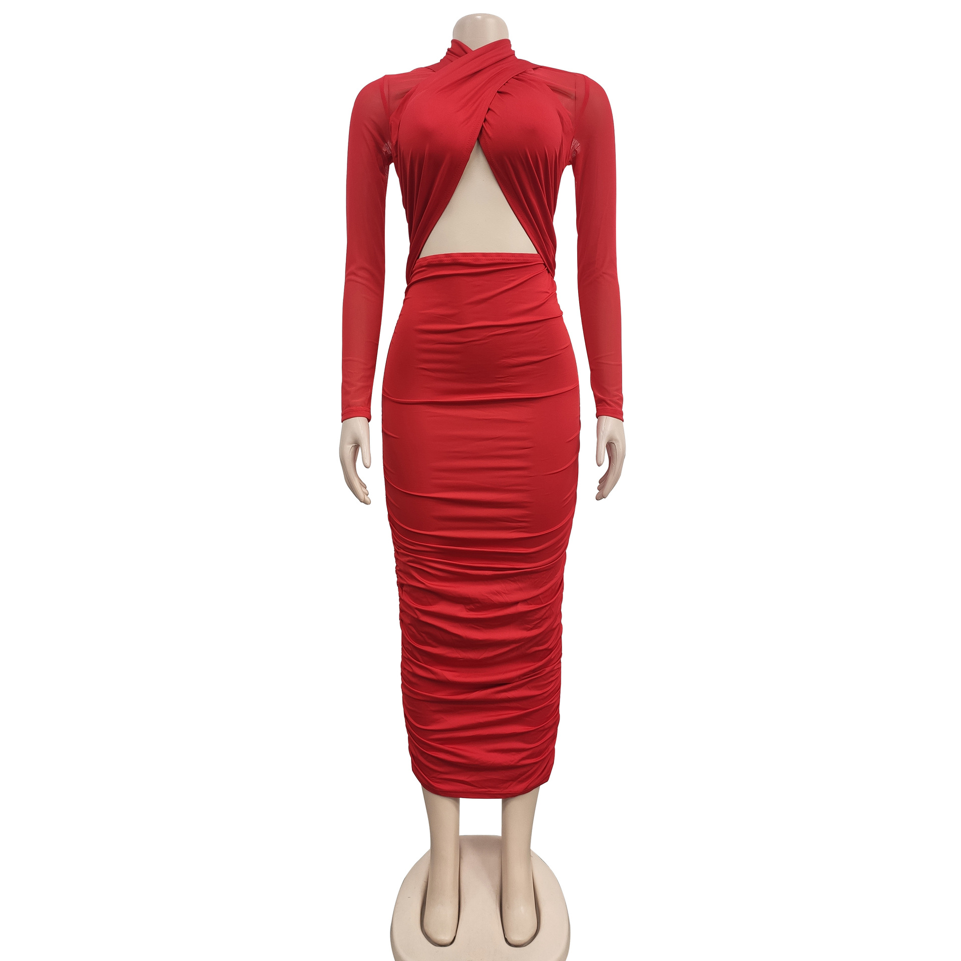 CM.YAYA 2023 Women Cutout Front Halter Neck Mesh Patchwork Long Sleeve Ruched Bodycon Midi Dress Sexy Night Party Club Dresses CM.YAYA 2023 Women Cutout Front Halter Neck Mesh Patchwork Long Sleeve Ruched Bodycon Midi Dress Sexy Night Party Club Dresses