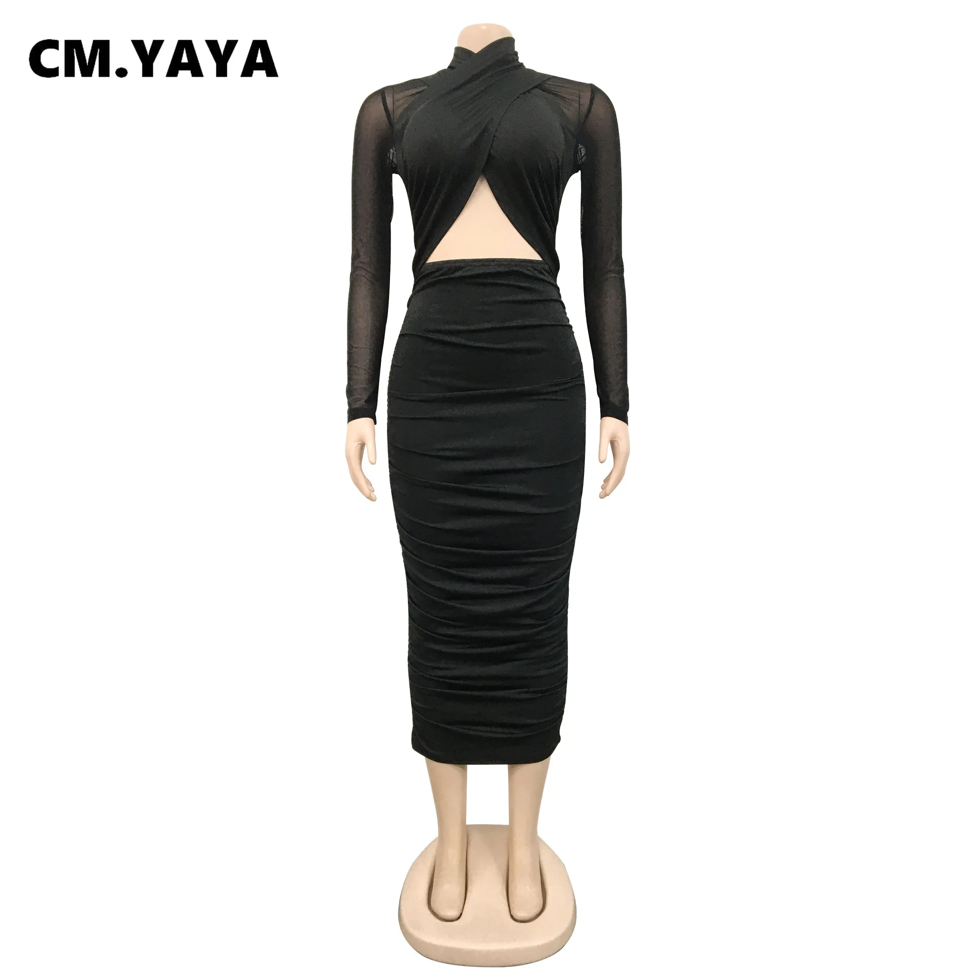 CM.YAYA 2023 Women Cutout Front Halter Neck Mesh Patchwork Long Sleeve Ruched Bodycon Midi Dress Sexy Night Party Club Dresses