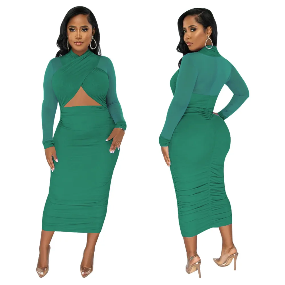 CM.YAYA 2023 Women Cutout Front Halter Neck Mesh Patchwork Long Sleeve Ruched Bodycon Midi Dress Sexy Night Party Club Dresses CM.YAYA 2023 Women Cutout Front Halter Neck Mesh Patchwork Long Sleeve Ruched Bodycon Midi Dress Sexy Night Party Club Dresses