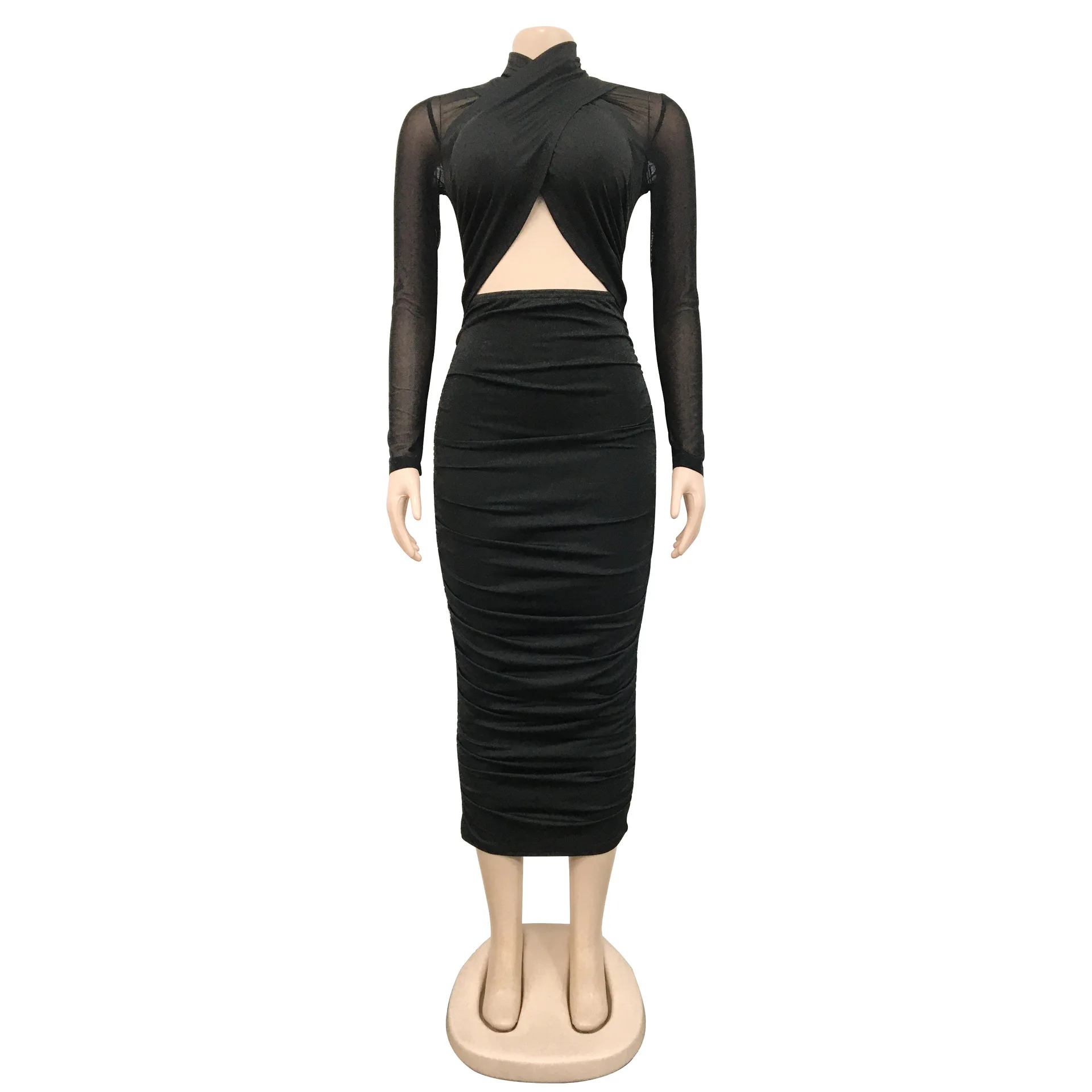 CM.YAYA 2023 Women Cutout Front Halter Neck Mesh Patchwork Long Sleeve Ruched Bodycon Midi Dress Sexy Night Party Club Dresses CM.YAYA 2023 Women Cutout Front Halter Neck Mesh Patchwork Long Sleeve Ruched Bodycon Midi Dress Sexy Night Party Club Dresses