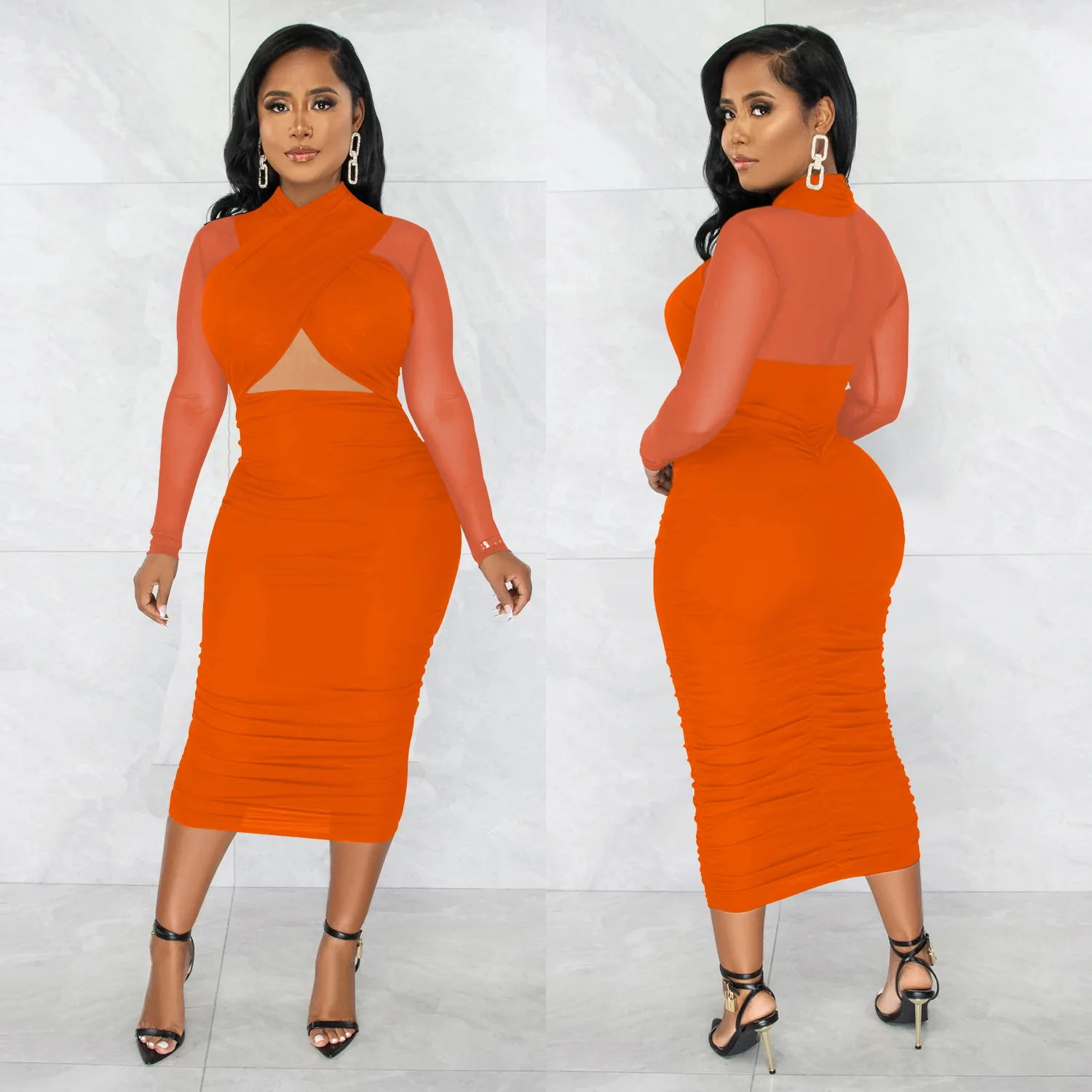 CM.YAYA 2023 Women Cutout Front Halter Neck Mesh Patchwork Long Sleeve Ruched Bodycon Midi Dress Sexy Night Party Club Dresses CM.YAYA 2023 Women Cutout Front Halter Neck Mesh Patchwork Long Sleeve Ruched Bodycon Midi Dress Sexy Night Party Club Dresses