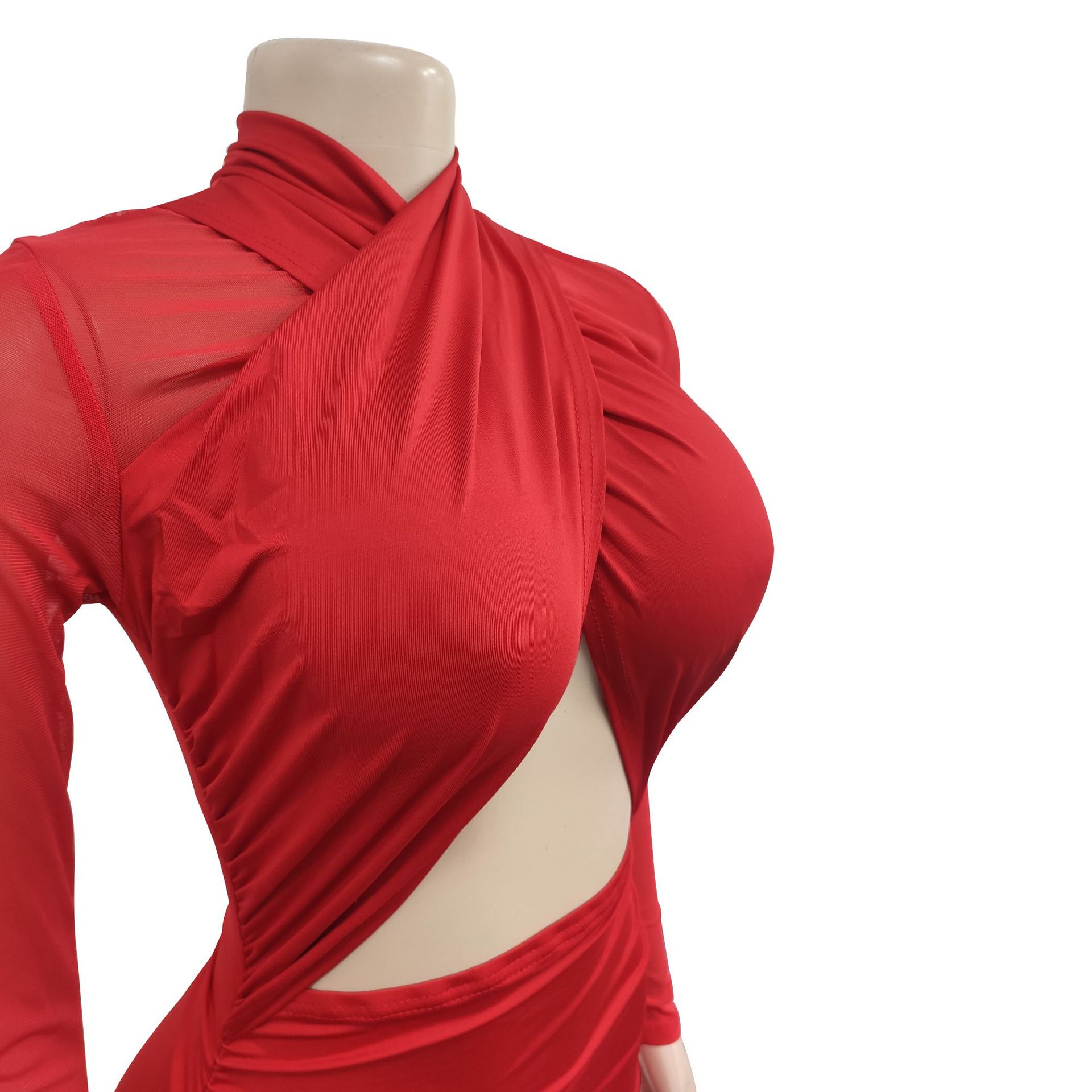 CM.YAYA 2023 Women Cutout Front Halter Neck Mesh Patchwork Long Sleeve Ruched Bodycon Midi Dress Sexy Night Party Club Dresses CM.YAYA 2023 Women Cutout Front Halter Neck Mesh Patchwork Long Sleeve Ruched Bodycon Midi Dress Sexy Night Party Club Dresses