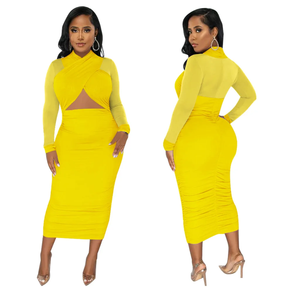 CM.YAYA 2023 Women Cutout Front Halter Neck Mesh Patchwork Long Sleeve Ruched Bodycon Midi Dress Sexy Night Party Club Dresses CM.YAYA 2023 Women Cutout Front Halter Neck Mesh Patchwork Long Sleeve Ruched Bodycon Midi Dress Sexy Night Party Club Dresses