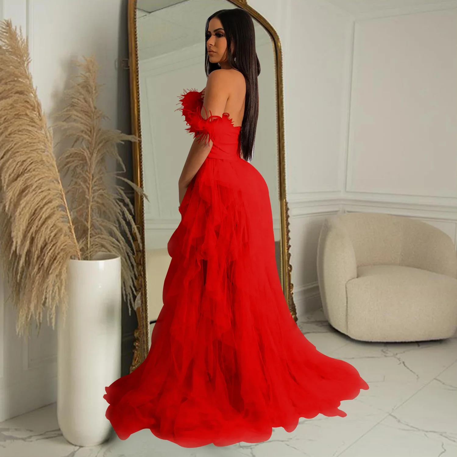 CM.YAYA Women Tierred Mesh See Though Off Shoulder Sweetheart Collar Maxi Long Floor Length Dress Evening Sexy Party Dresses