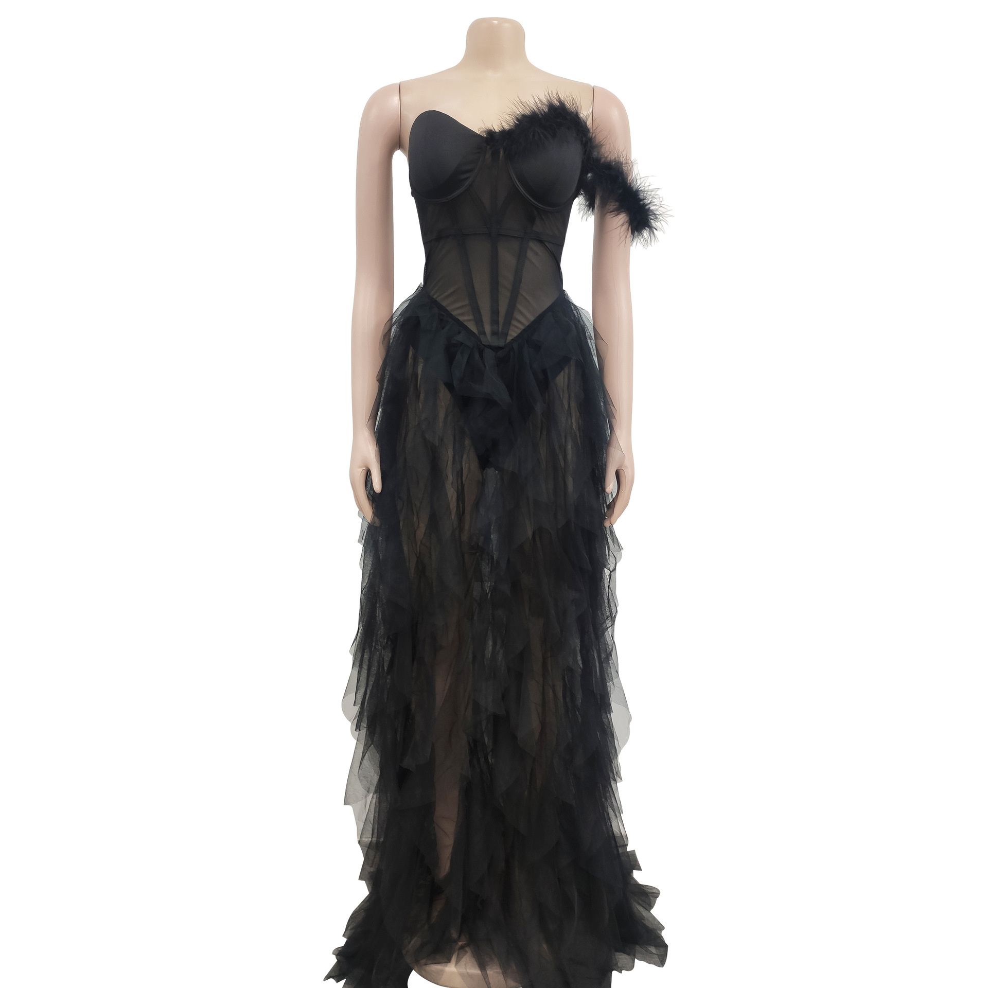 CM.YAYA Women Tierred Mesh See Though Off Shoulder Sweetheart Collar Maxi Long Floor Length Dress Evening Sexy Party Dresses