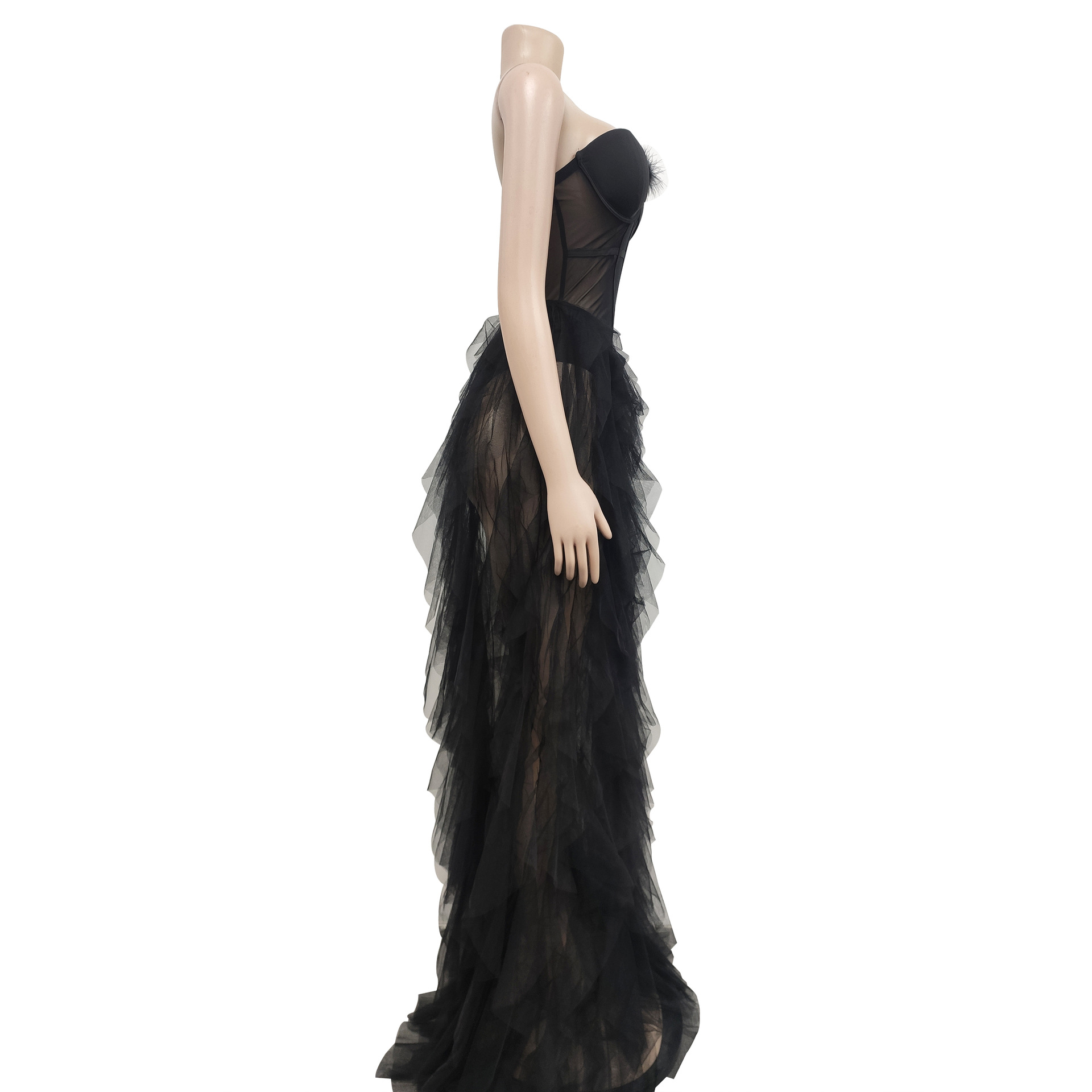 CM.YAYA Women Tierred Mesh See Though Off Shoulder Sweetheart Collar Maxi Long Floor Length Dress Evening Sexy Party Dresses