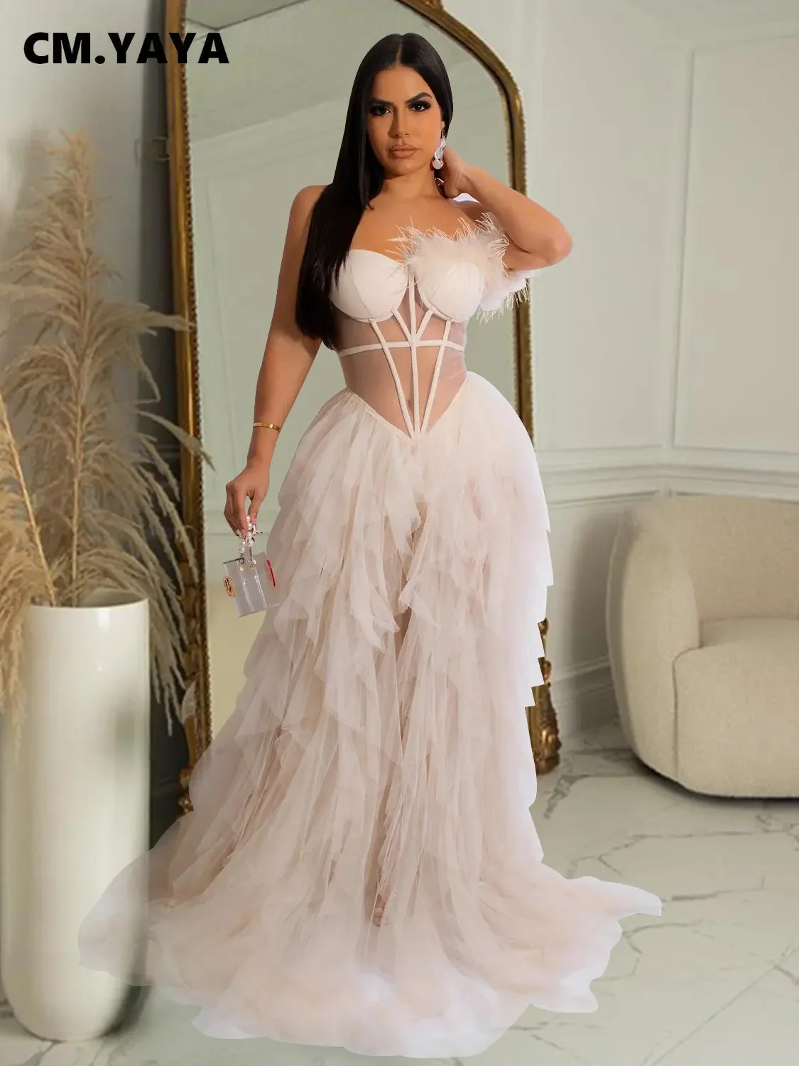 CM.YAYA Women Tierred Mesh See Though Off Shoulder Sweetheart Collar Maxi Long Floor Length Dress Evening Sexy Party Dresses