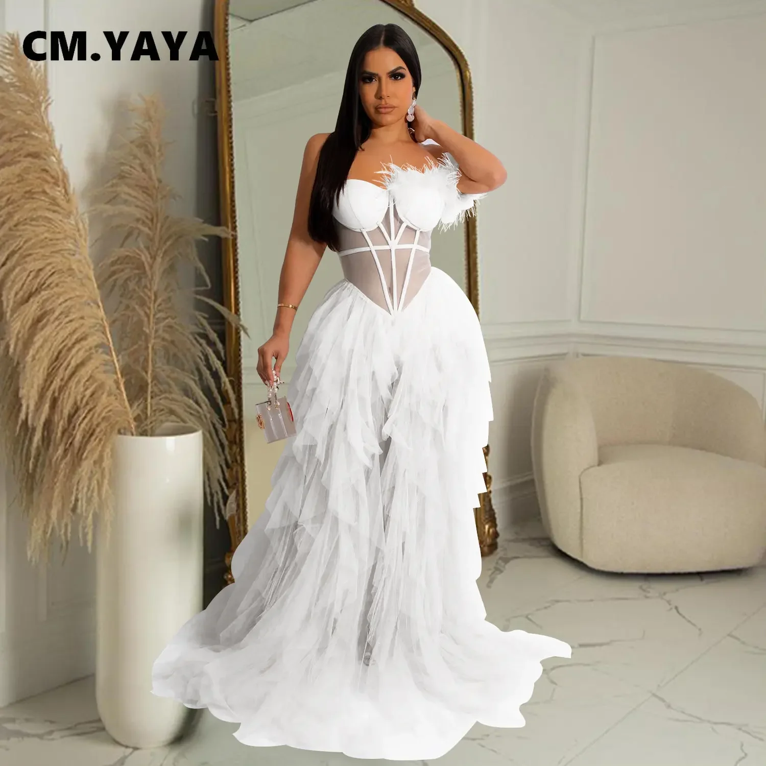 CM.YAYA Women Tierred Mesh See Though Off Shoulder Sweetheart Collar Maxi Long Floor Length Dress Evening Sexy Party Dresses