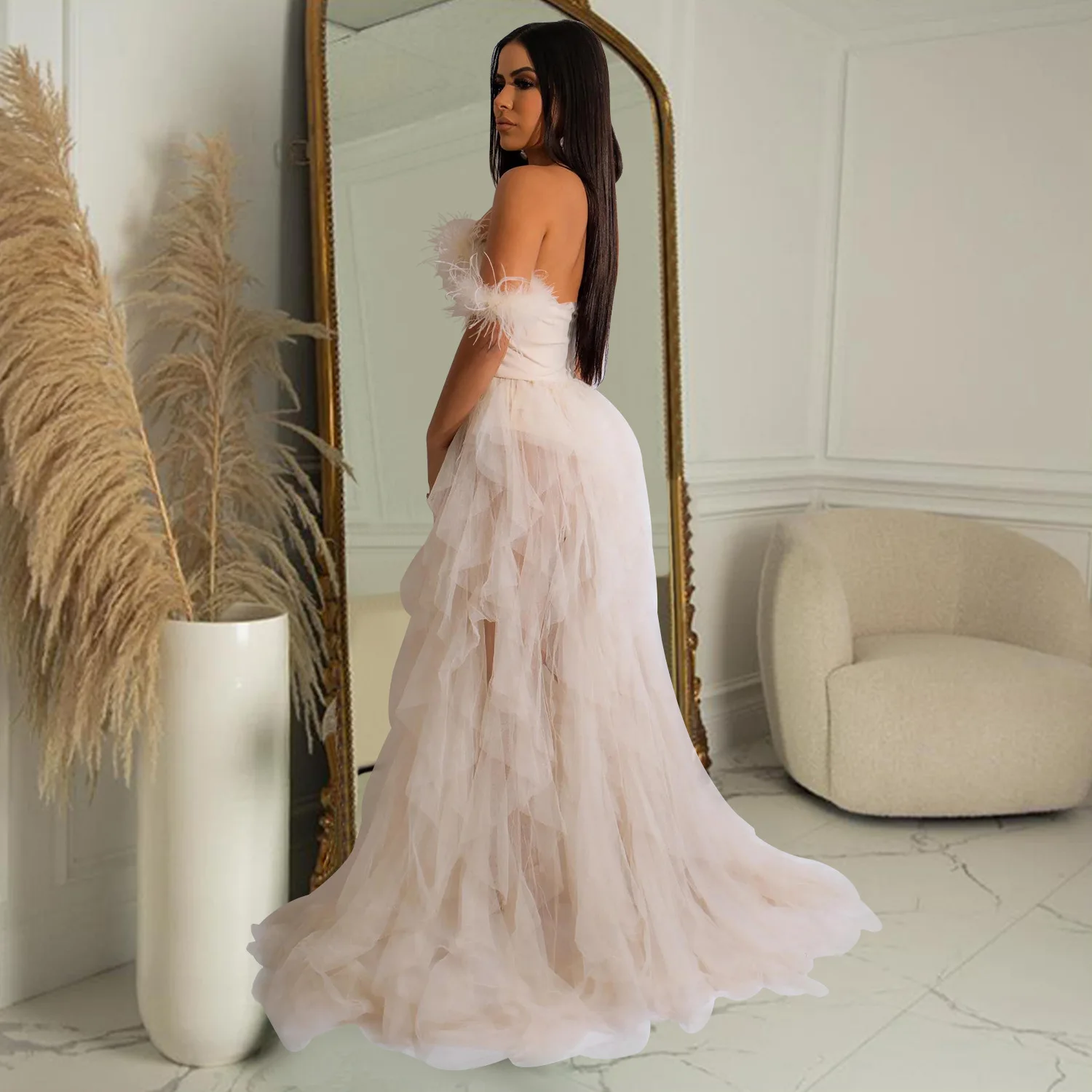 CM.YAYA Women Tierred Mesh See Though Off Shoulder Sweetheart Collar Maxi Long Floor Length Dress Evening Sexy Party Dresses