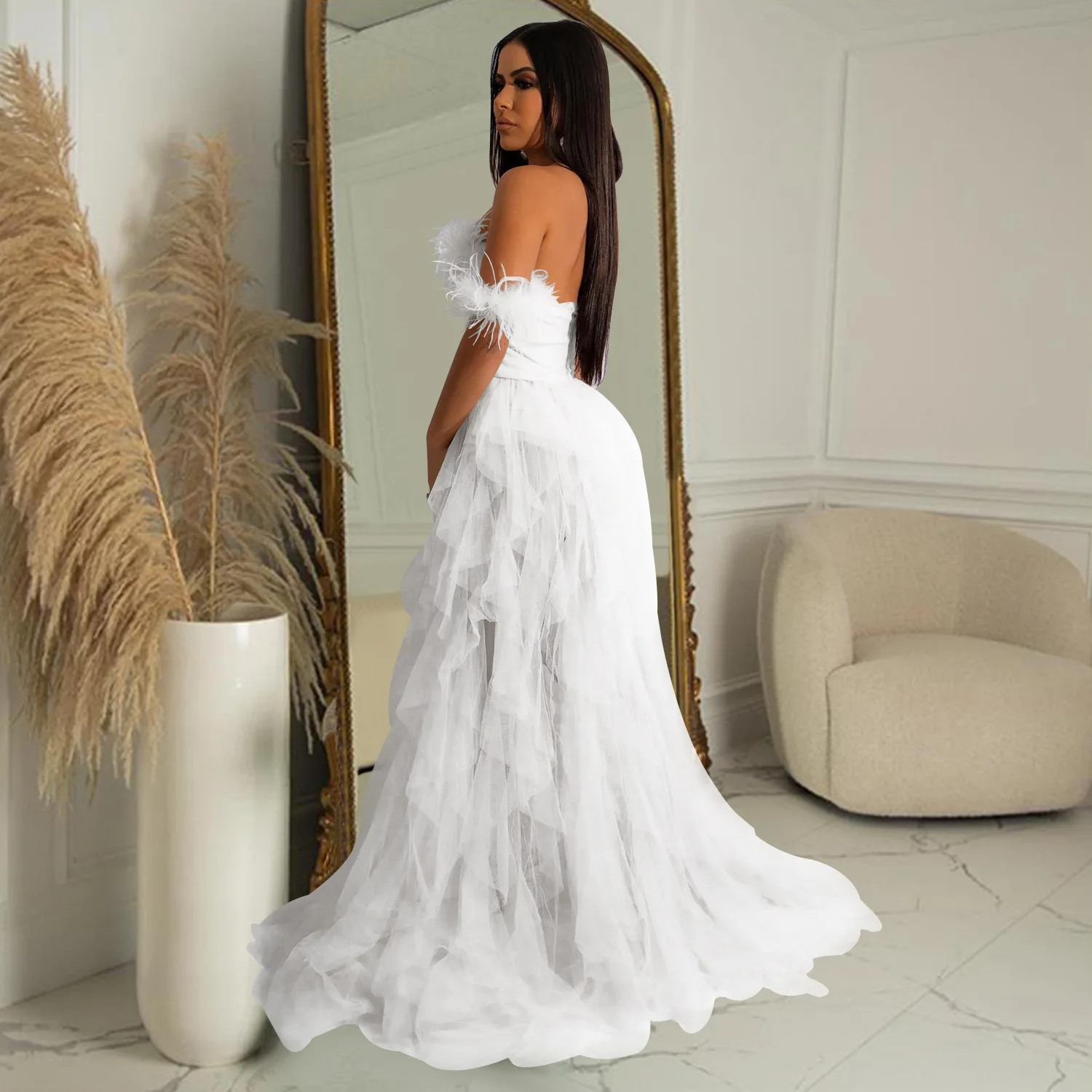 CM.YAYA Women Tierred Mesh See Though Off Shoulder Sweetheart Collar Maxi Long Floor Length Dress Evening Sexy Party Dresses