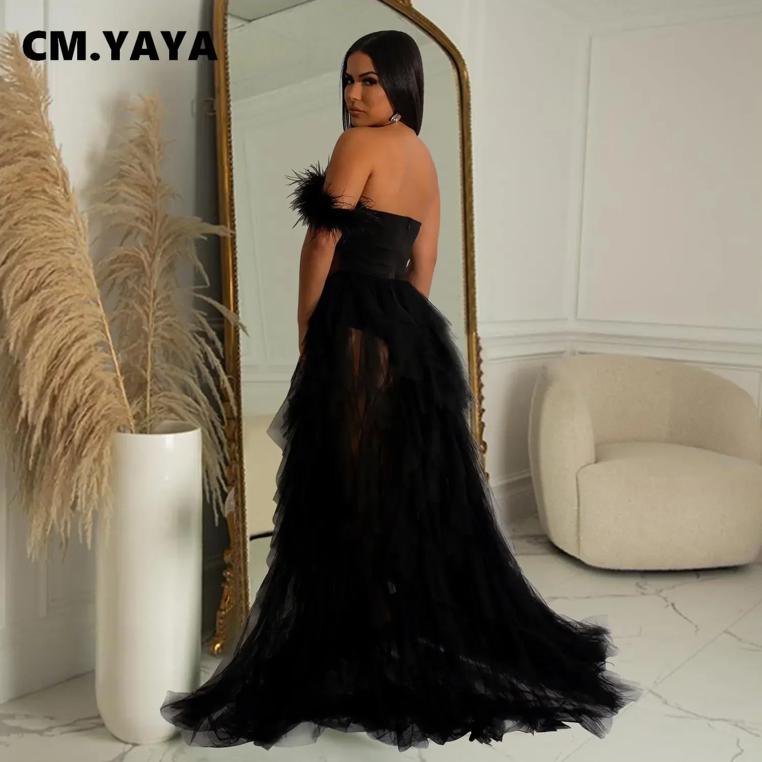 CM.YAYA Women Tierred Mesh See Though Off Shoulder Sweetheart Collar Maxi Long Floor Length Dress Evening Sexy Party Dresses