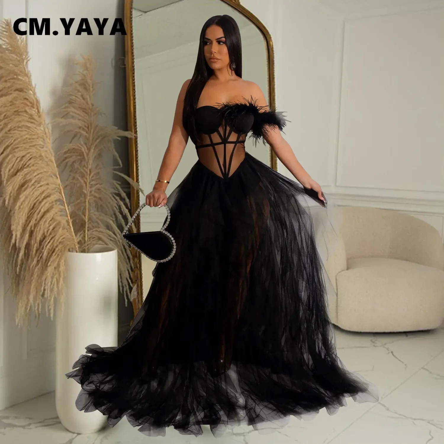 CM.YAYA Women Tierred Mesh See Though Off Shoulder Sweetheart Collar Maxi Long Floor Length Dress Evening Sexy Party Dresses