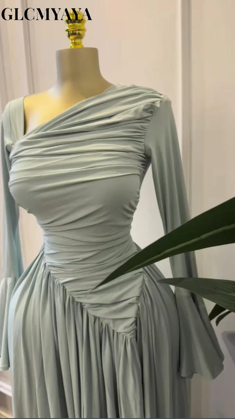 CM.YAYA Women Flare Full Sleeve Skew Collar A-line Stacked Ruched Maxi Long Dress Birthday Holiday Beach Even Dresses Vestidos