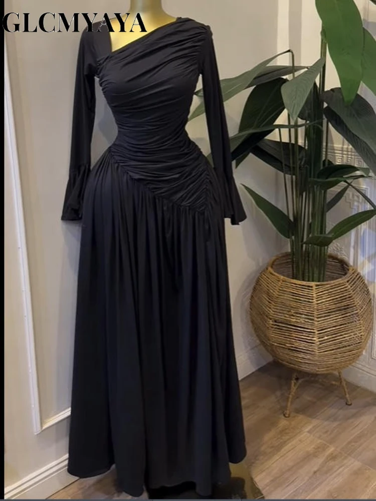 CM.YAYA Women Flare Full Sleeve Skew Collar A-line Stacked Ruched Maxi Long Dress Birthday Holiday Beach Even Dresses Vestidos