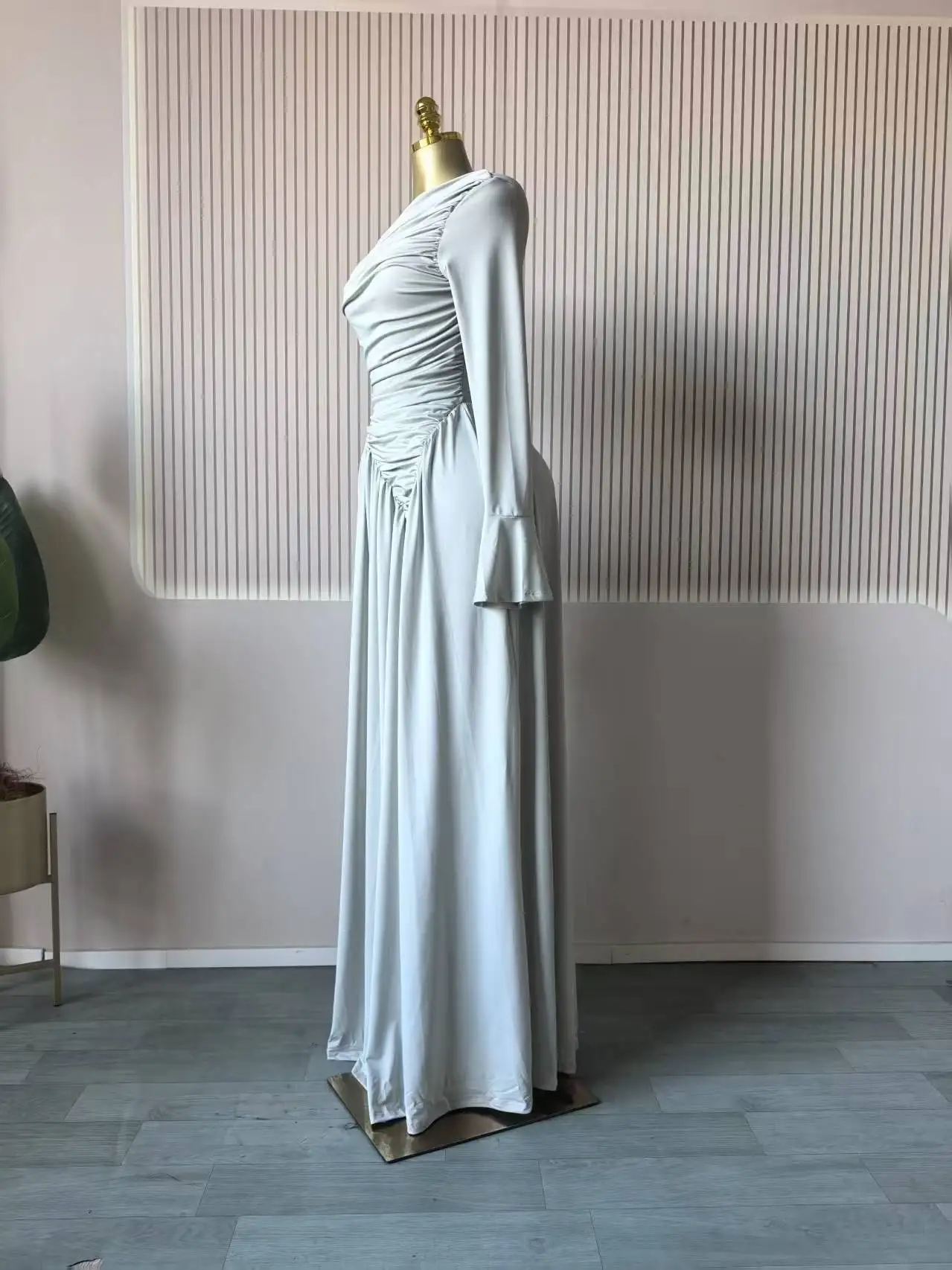 CM.YAYA Women Flare Full Sleeve Skew Collar A-line Stacked Ruched Maxi Long Dress Birthday Holiday Beach Even Dresses Vestidos