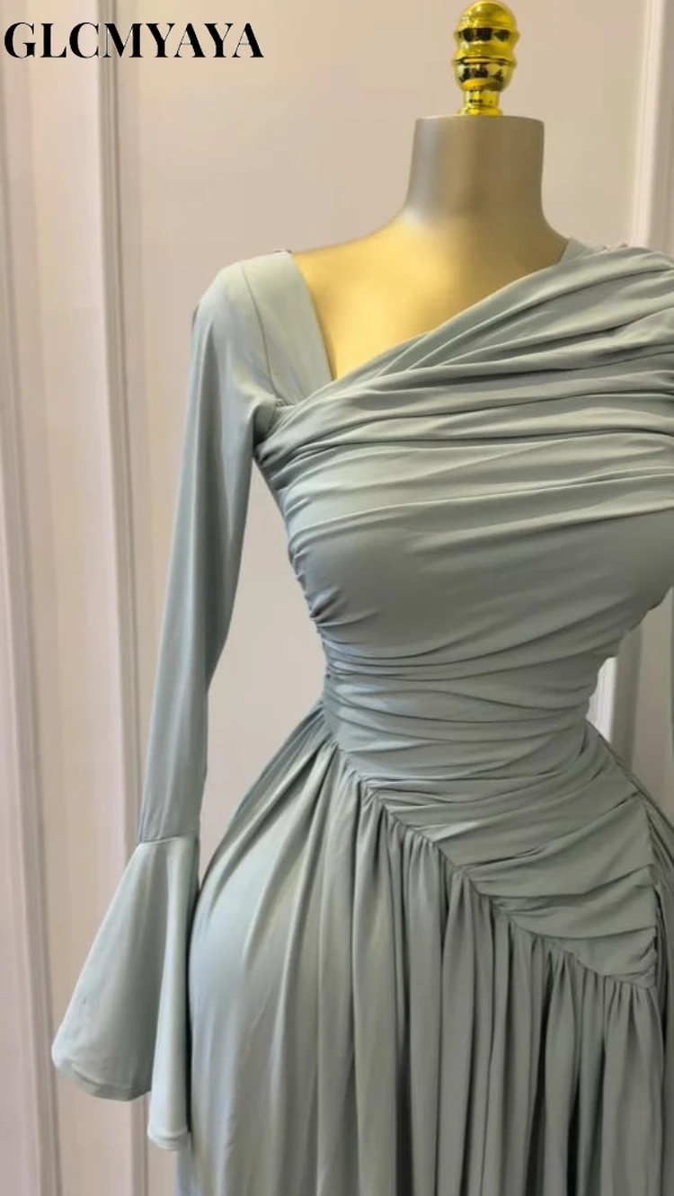 CM.YAYA Women Flare Full Sleeve Skew Collar A-line Stacked Ruched Maxi Long Dress Birthday Holiday Beach Even Dresses Vestidos