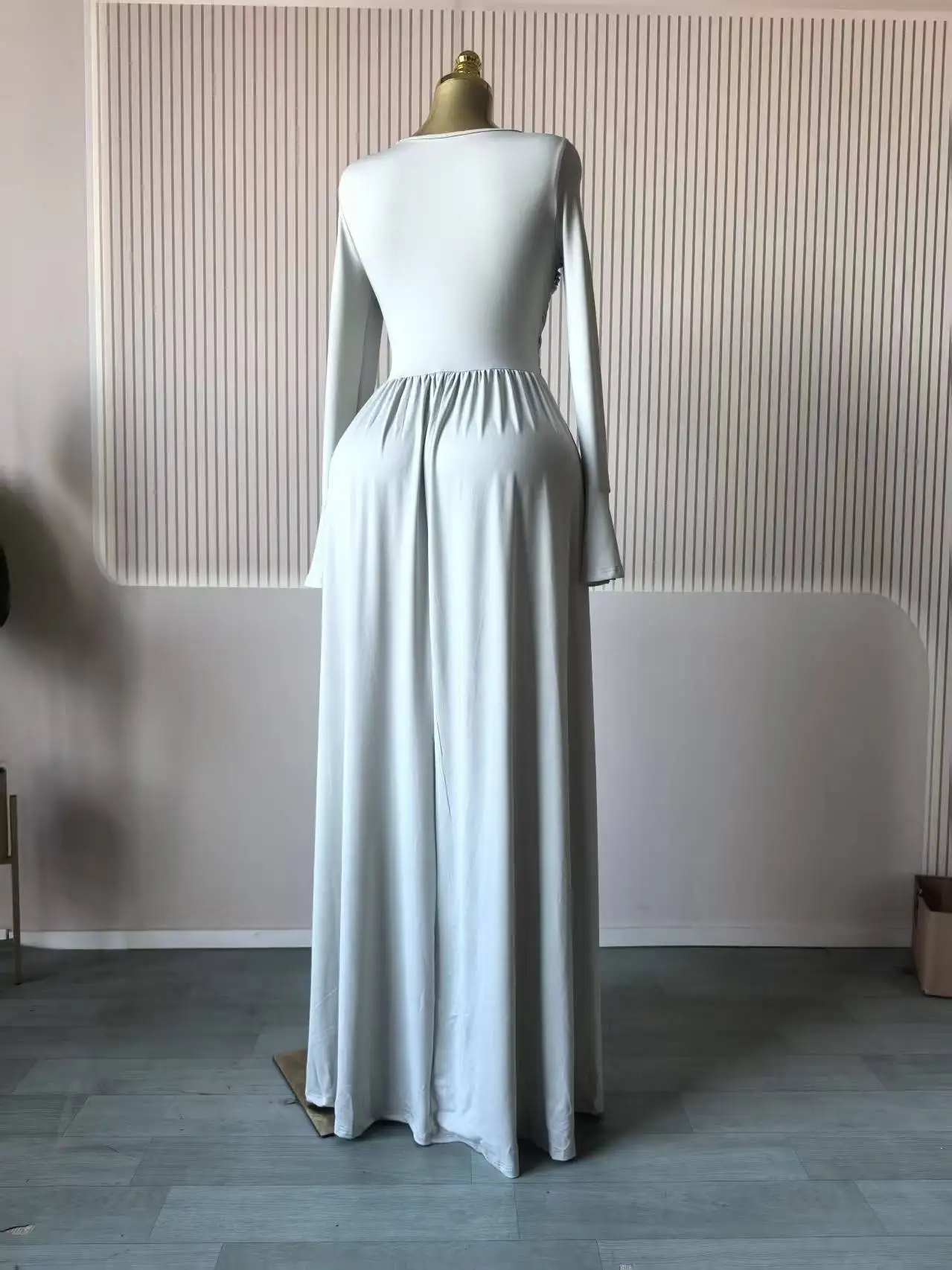 CM.YAYA Women Flare Full Sleeve Skew Collar A-line Stacked Ruched Maxi Long Dress Birthday Holiday Beach Even Dresses Vestidos