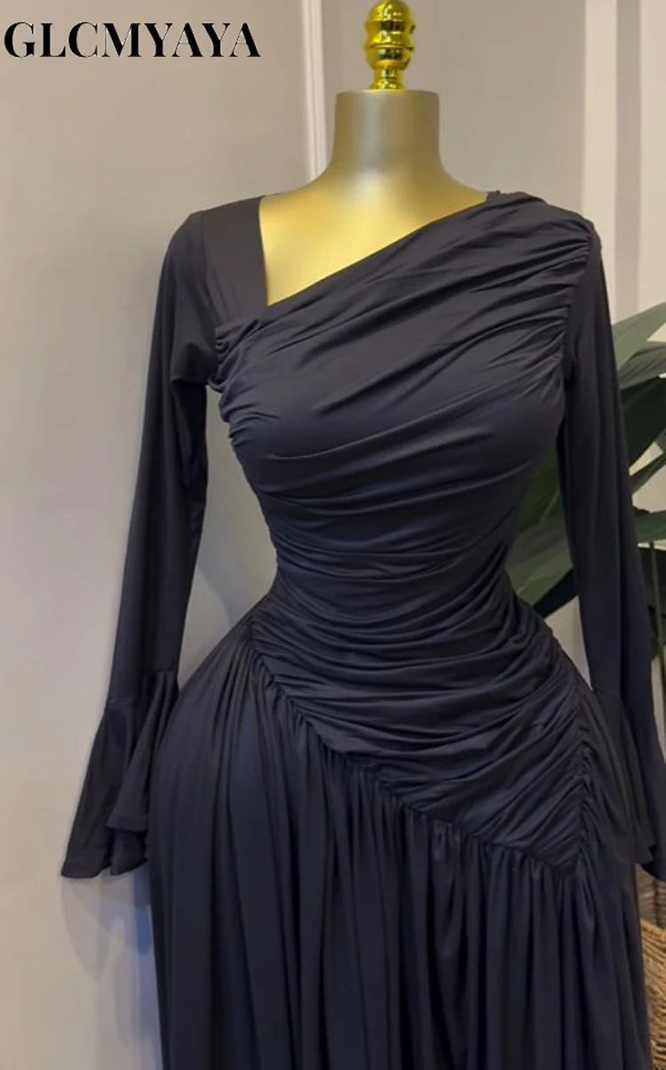 CM.YAYA Women Flare Full Sleeve Skew Collar A-line Stacked Ruched Maxi Long Dress Birthday Holiday Beach Even Dresses Vestidos