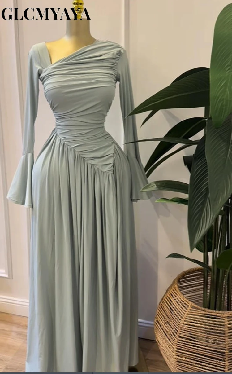 CM.YAYA Women Flare Full Sleeve Skew Collar A-line Stacked Ruched Maxi Long Dress Birthday Holiday Beach Even Dresses Vestidos